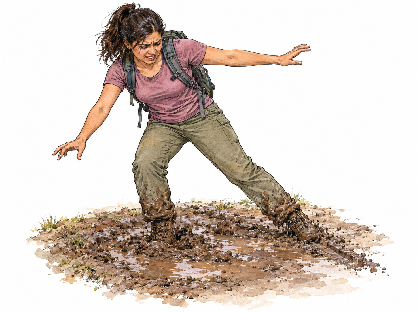 A young woman flounders in deep sticky mud, one boot trapped while her other leg slips sideways and her outstretched arms struggle to keep her upright.