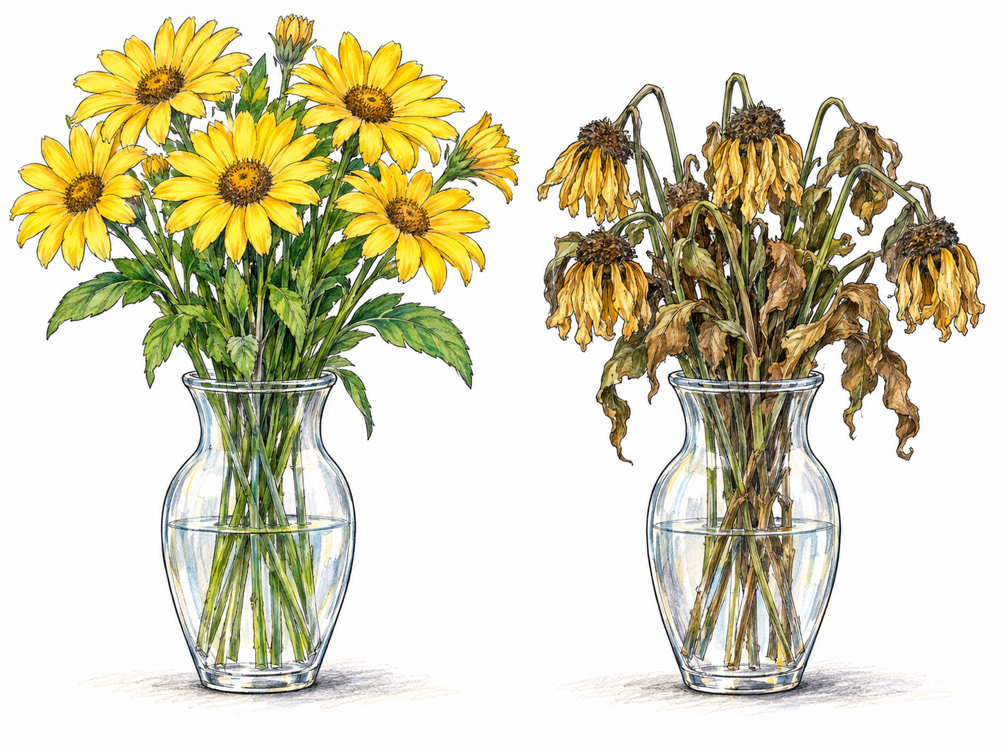 Two identical clear vases placed side by side: one holds fresh, upright yellow daisies, while the other holds wilted brown daisies with drooping heads.