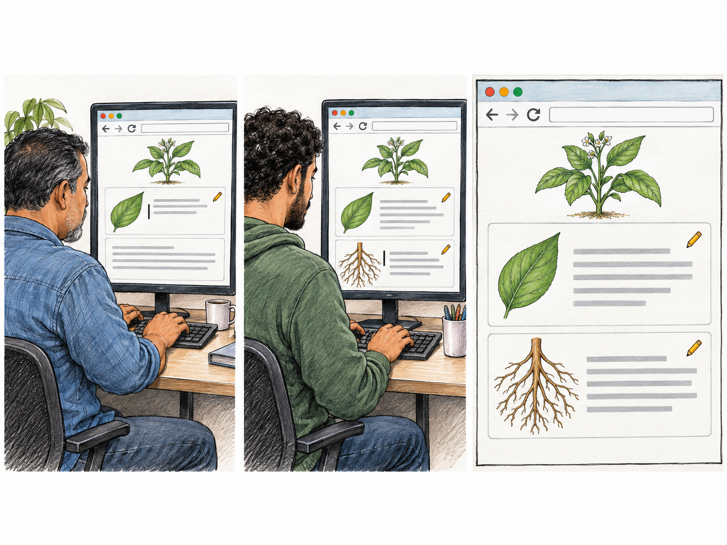 A compact three-stage sequence shows two users adding different content to the same browser-based reference article, followed by the completed webpage containing both contributions.