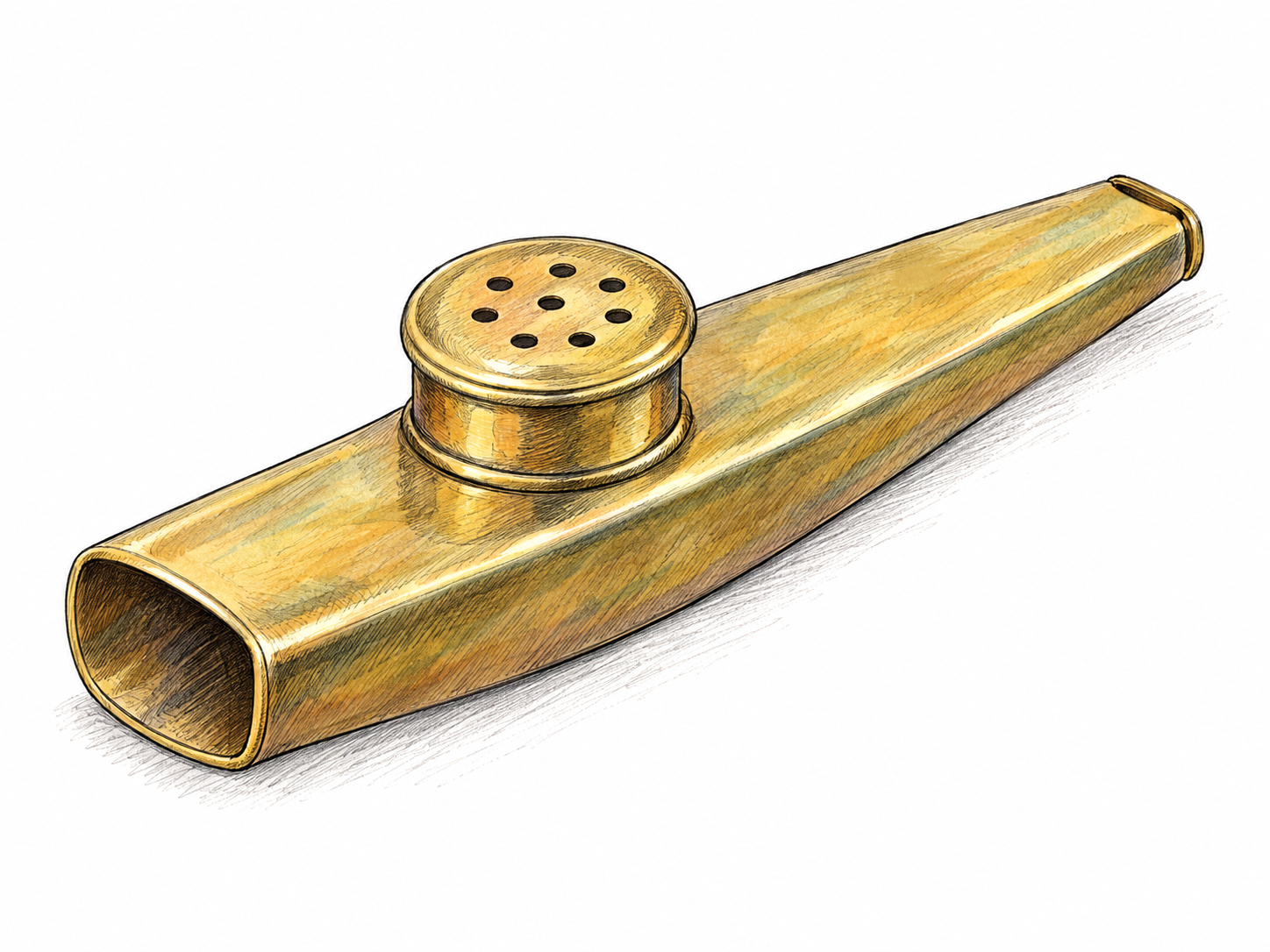 A clearly recognizable kazoo shown as a simple manufactured musical instrument, with its distinctive membrane turret and open humming inlet prominently visible.