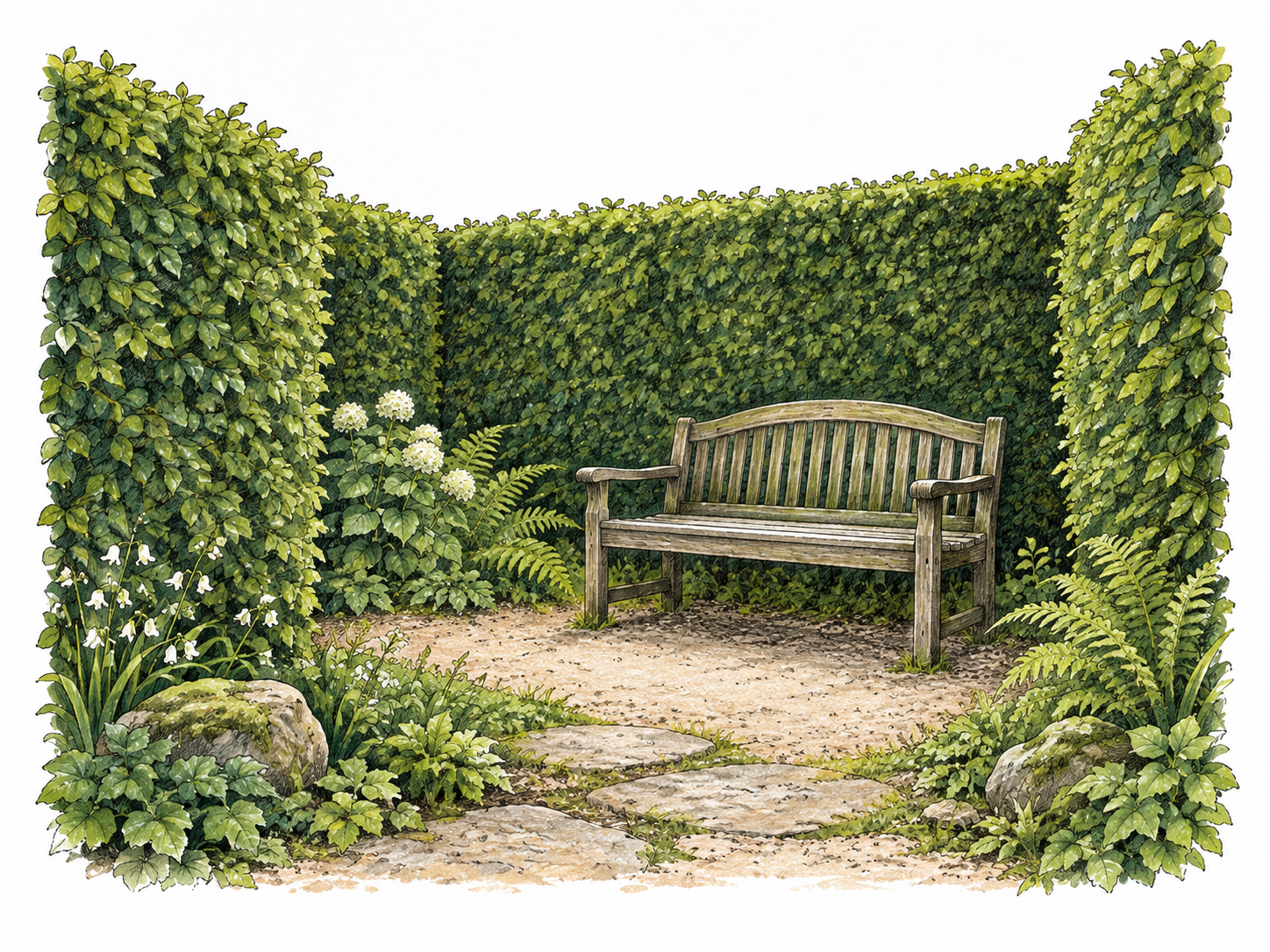 A quiet isolated garden nook enclosed by tall hedges with one empty bench, privacy and separation from others, no text.
