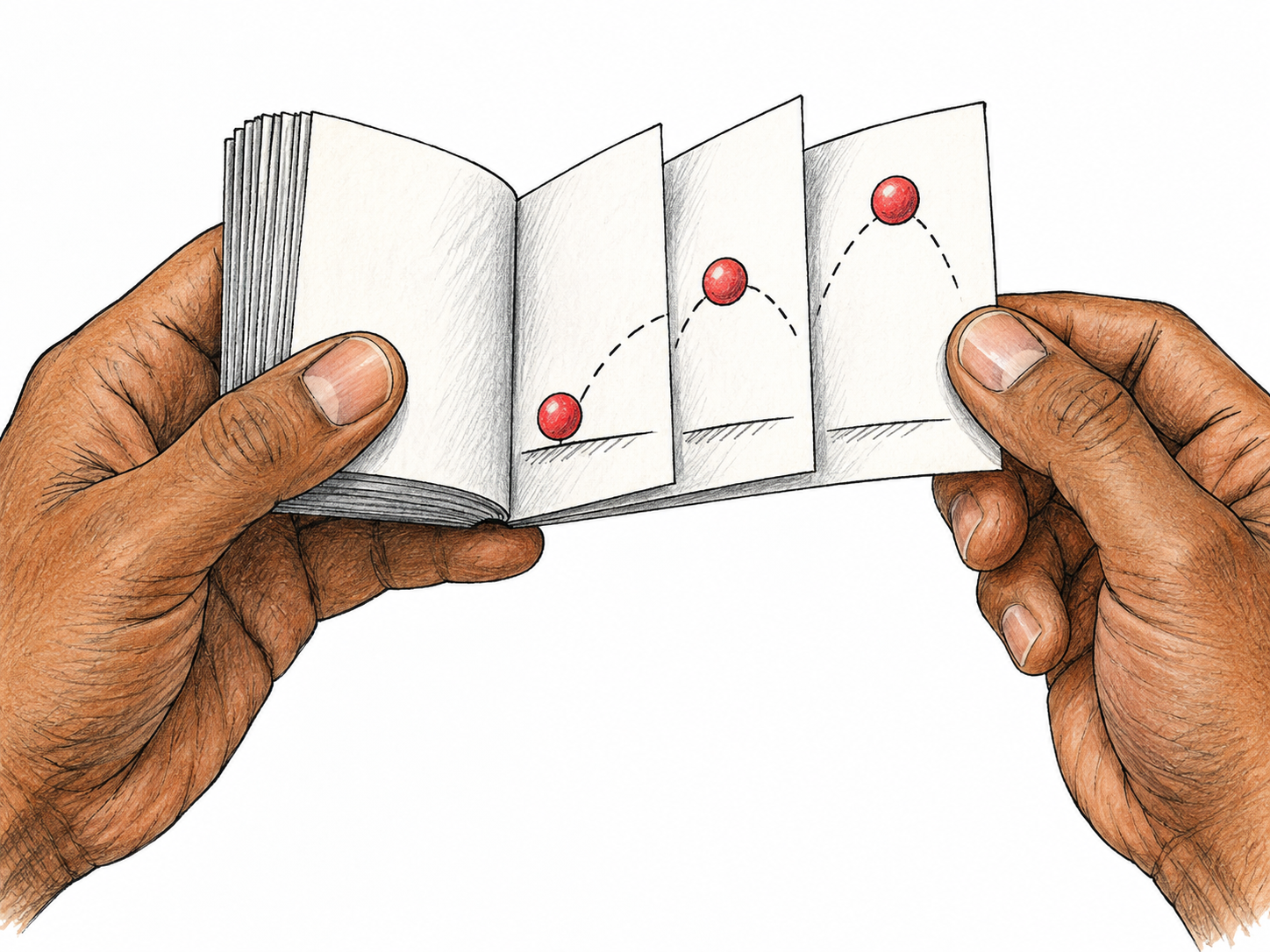Hands riffle a small flipbook, three separated successive pages show a simple red ball at progressively different heights above baseline, curved motion arc connects changing ball positions, technique makes drawings appear to move.