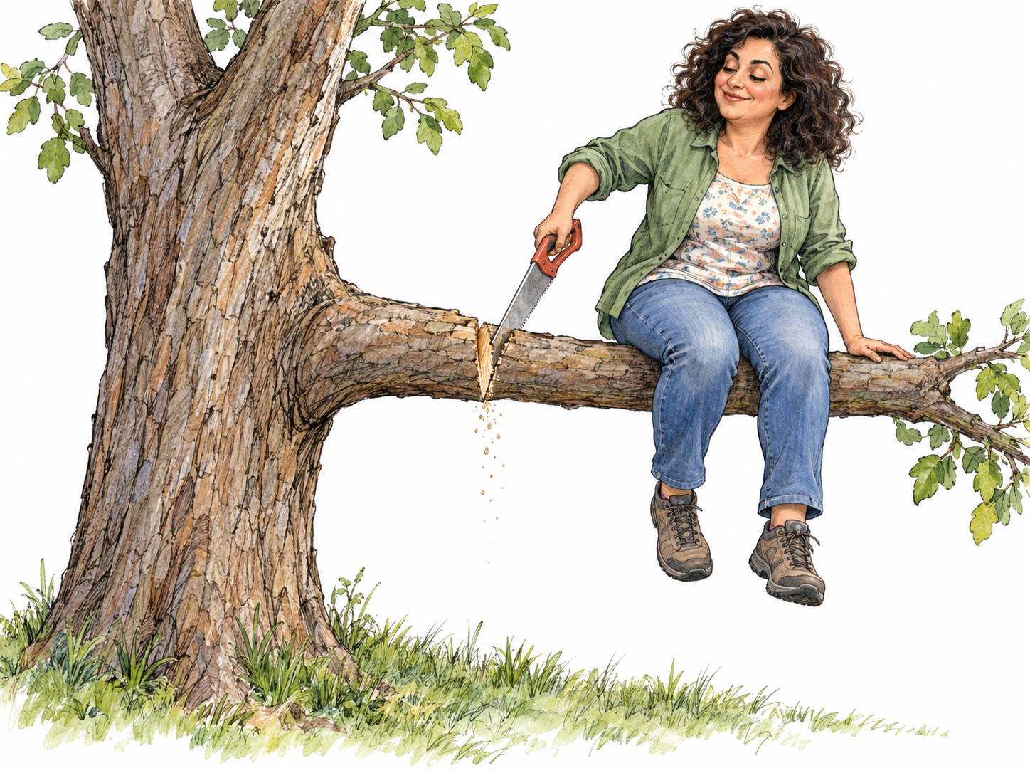 A foolish gardener sits on the outer end of a low tree branch while sawing through that same branch between herself and the trunk, visibly undermining her own seat.