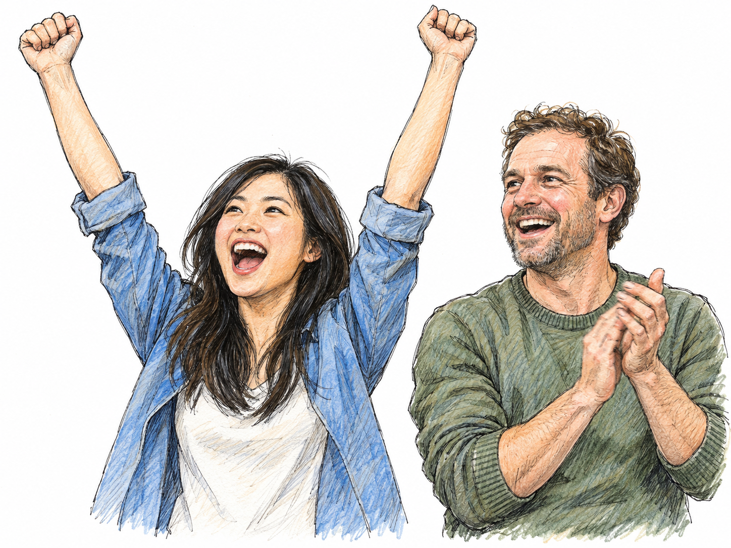 Two spectators give an exuberant cheer: a young East Asian woman throws both arms overhead while a middle-aged white man beside her claps, both visibly expressing joy and encouragement.