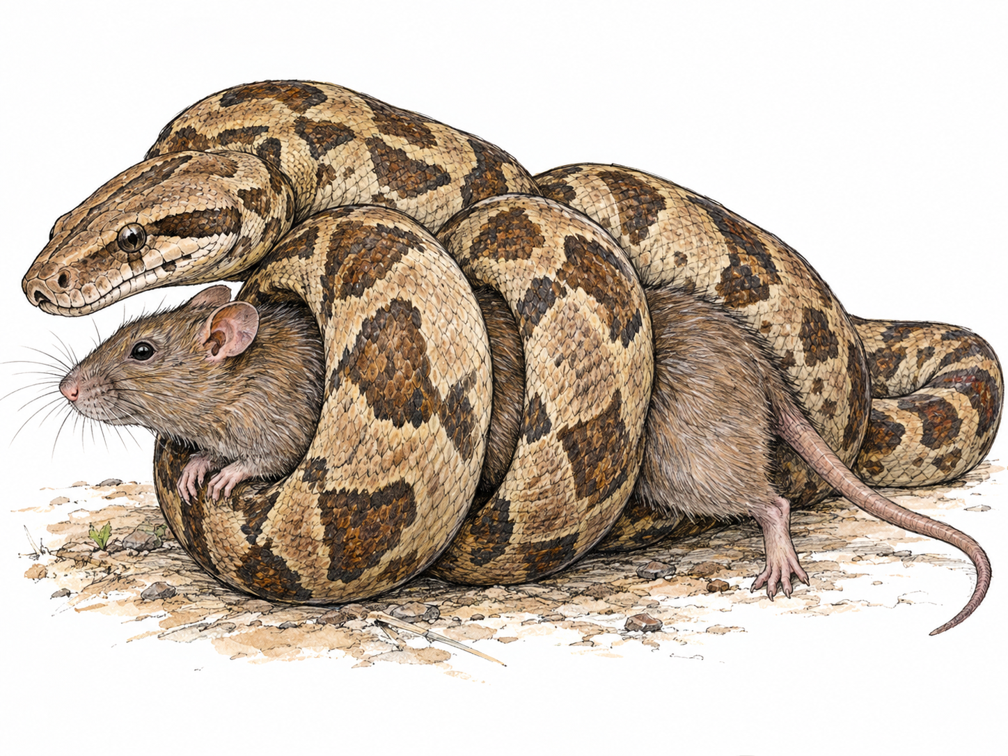 A large boa constrictor tightly coils around a small rat, visibly demonstrating constriction rather than biting, in a simple natural-ground vignette.
