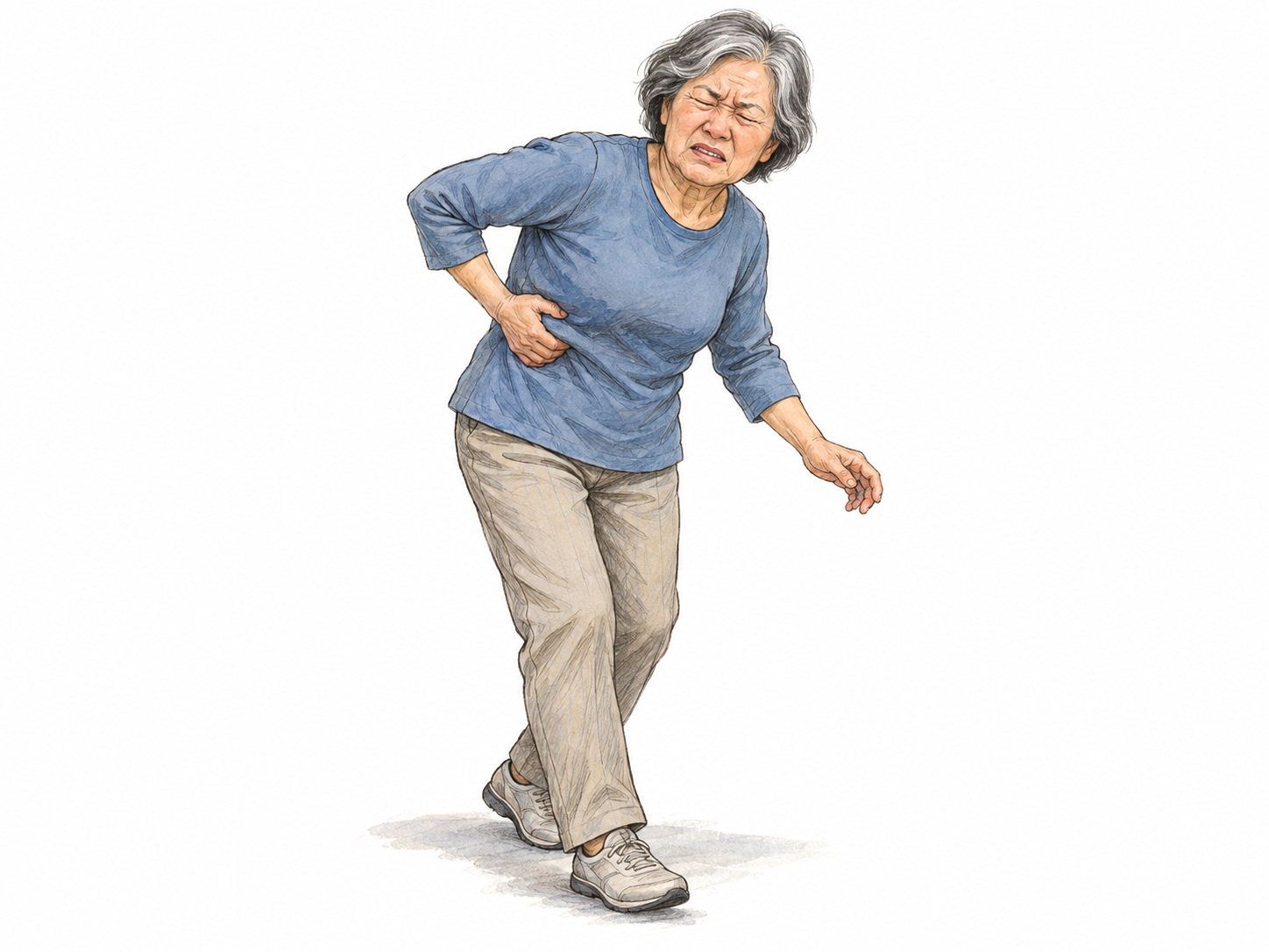 An older woman abruptly stops while walking, bending slightly and pressing one hand tightly against her side with a sharp wince, conveying a sudden localized pang of pain.