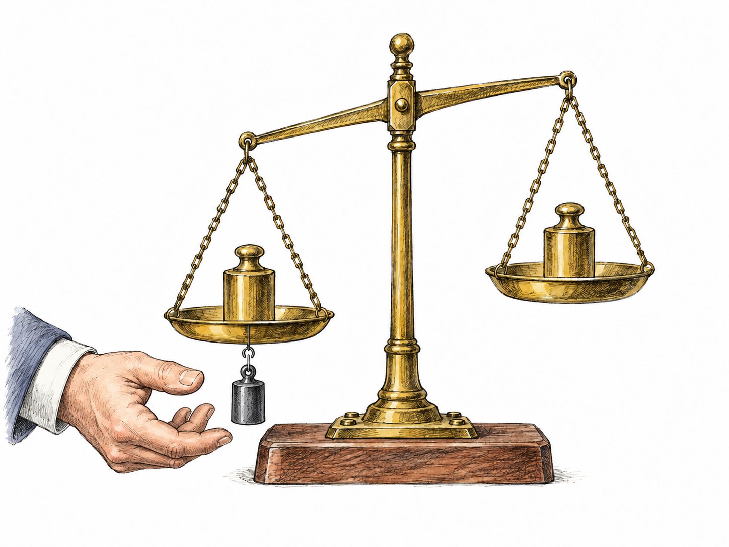 A traditional balance scale has been visibly distorted: one side is secretly weighted from underneath with a heavy dark magnet so equal-size identical weights no longer balance.