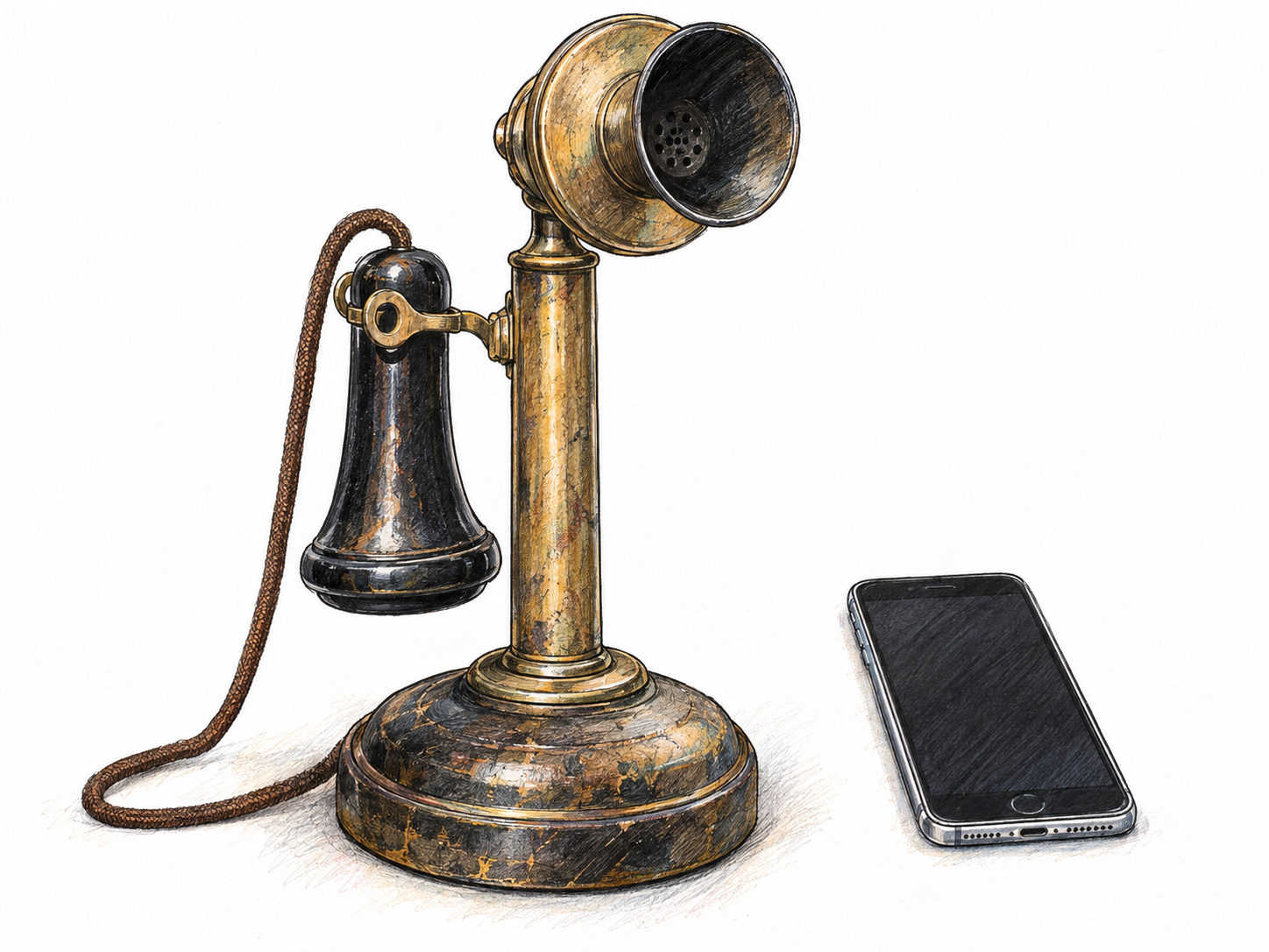 An antique candlestick telephone with a separate earpiece and cloth-covered cord, visibly worn and obsolete in design, stands beside a small modern smartphone for immediate contrast.