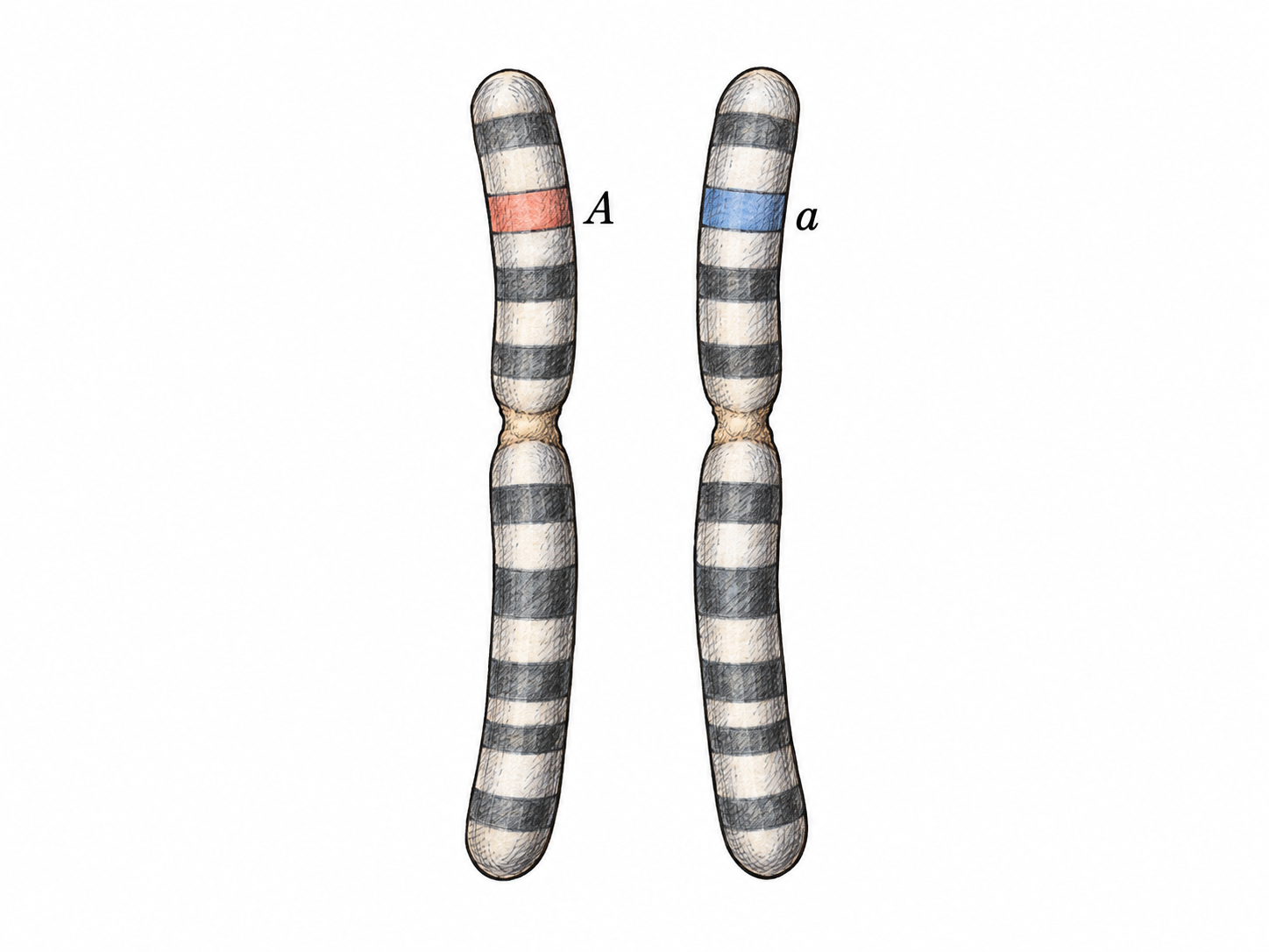 Two matching homologous chromosomes carry different versions of the same gene at precisely the same locus, marked A and a.