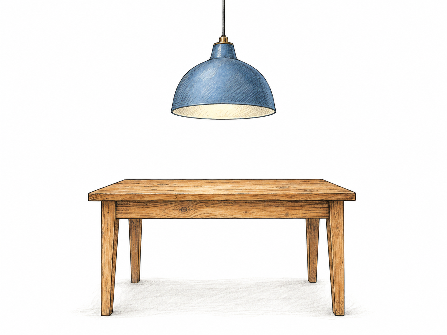 A pendant lamp hangs directly above a small wooden table, with a clear open gap between the lampshade and tabletop.