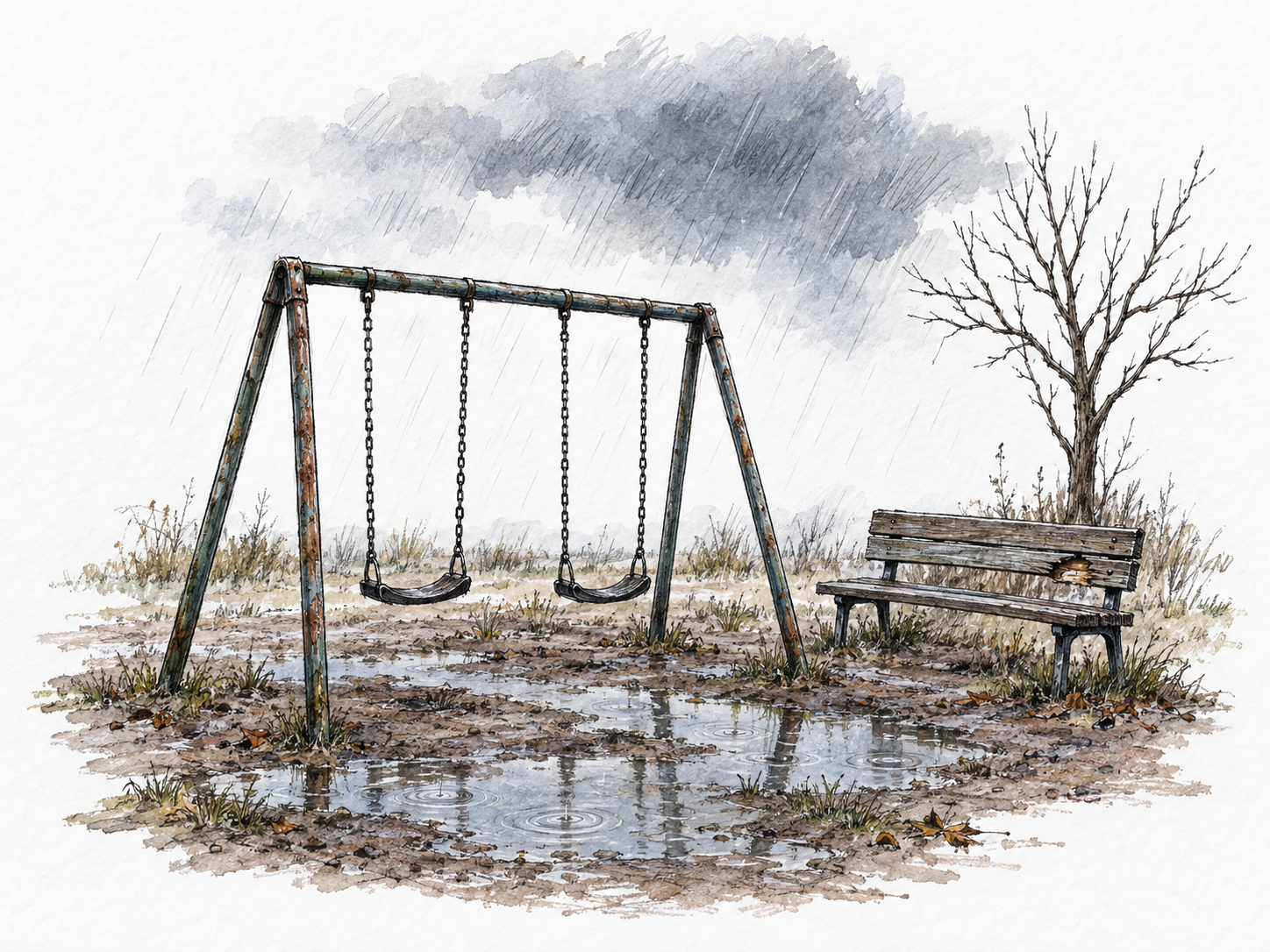 A bleak, rain-soaked playground: an empty swing hangs over muddy puddles beside a bare tree and a broken bench.