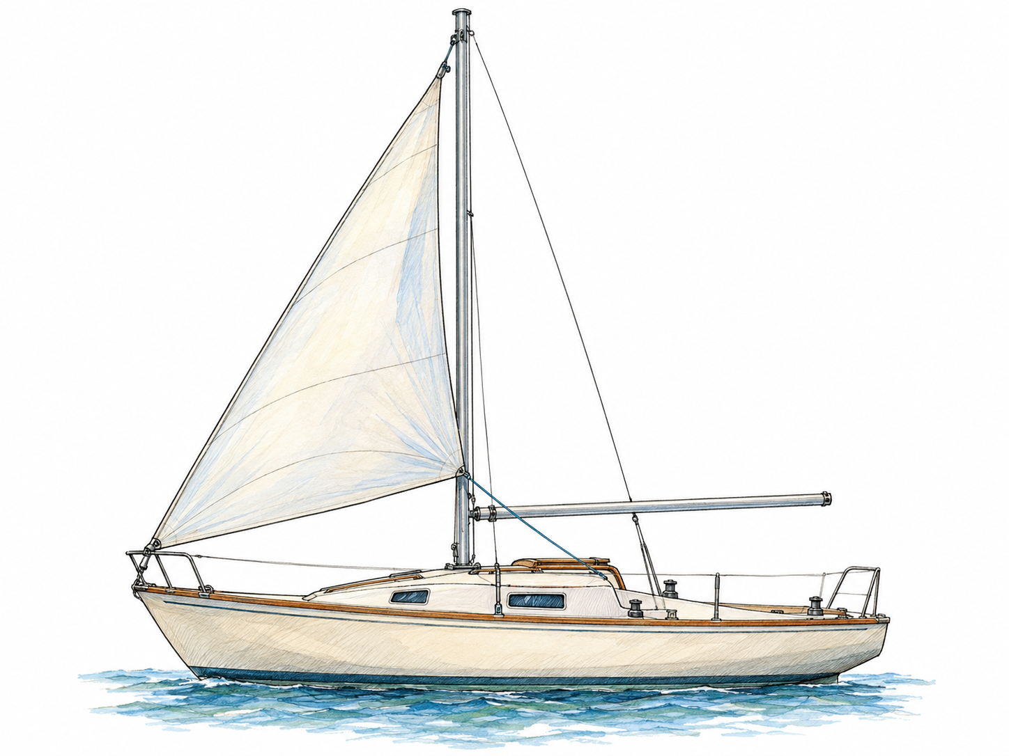 Side view of a small sailboat with a clearly visible triangular jib ahead of its mast, its leading edge following the forestay down to the bow.