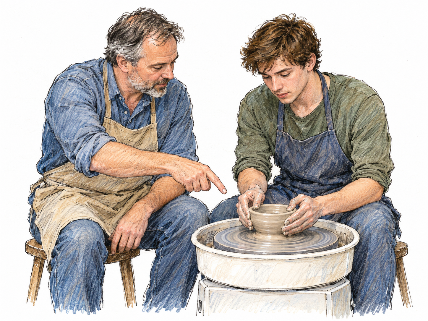 A patient pottery teacher guides a beginner's hand position as the beginner shapes a small clay bowl on a pottery wheel.