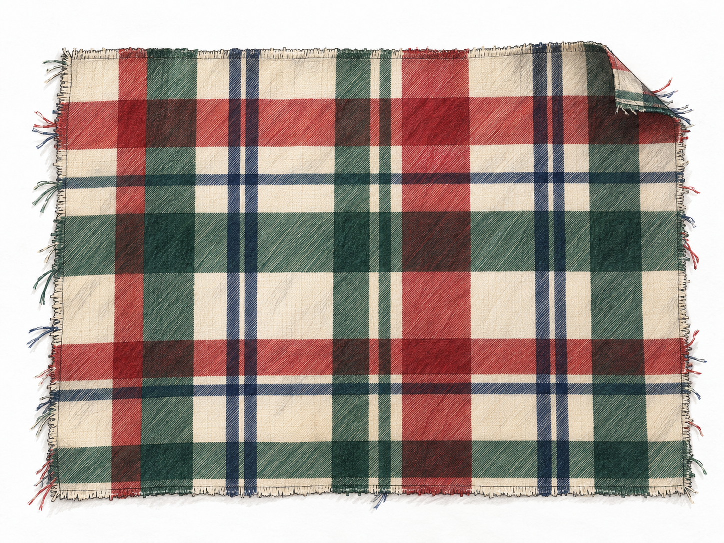 A single flat fabric swatch prominently displays repeating crossed horizontal and vertical bands in several colors, with visibly darker overlaps.