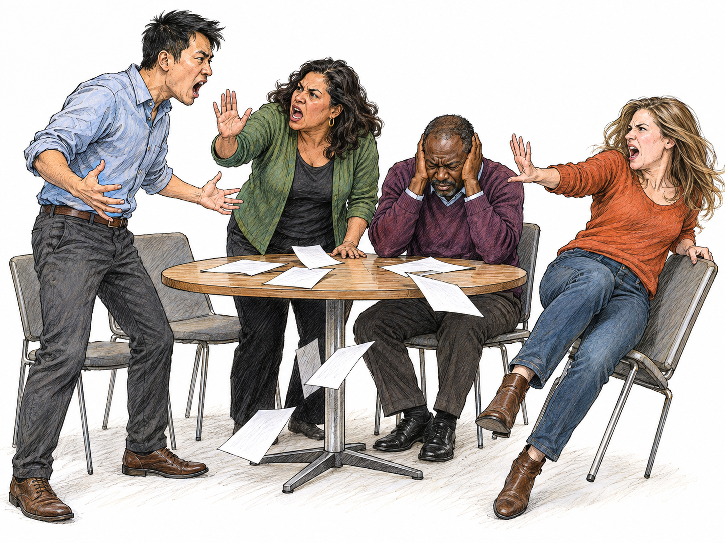 A disorderly meeting erupts into several simultaneous arguments: four adults shout across a small table, gesturing in conflicting directions while a chair tips and loose papers scatter.