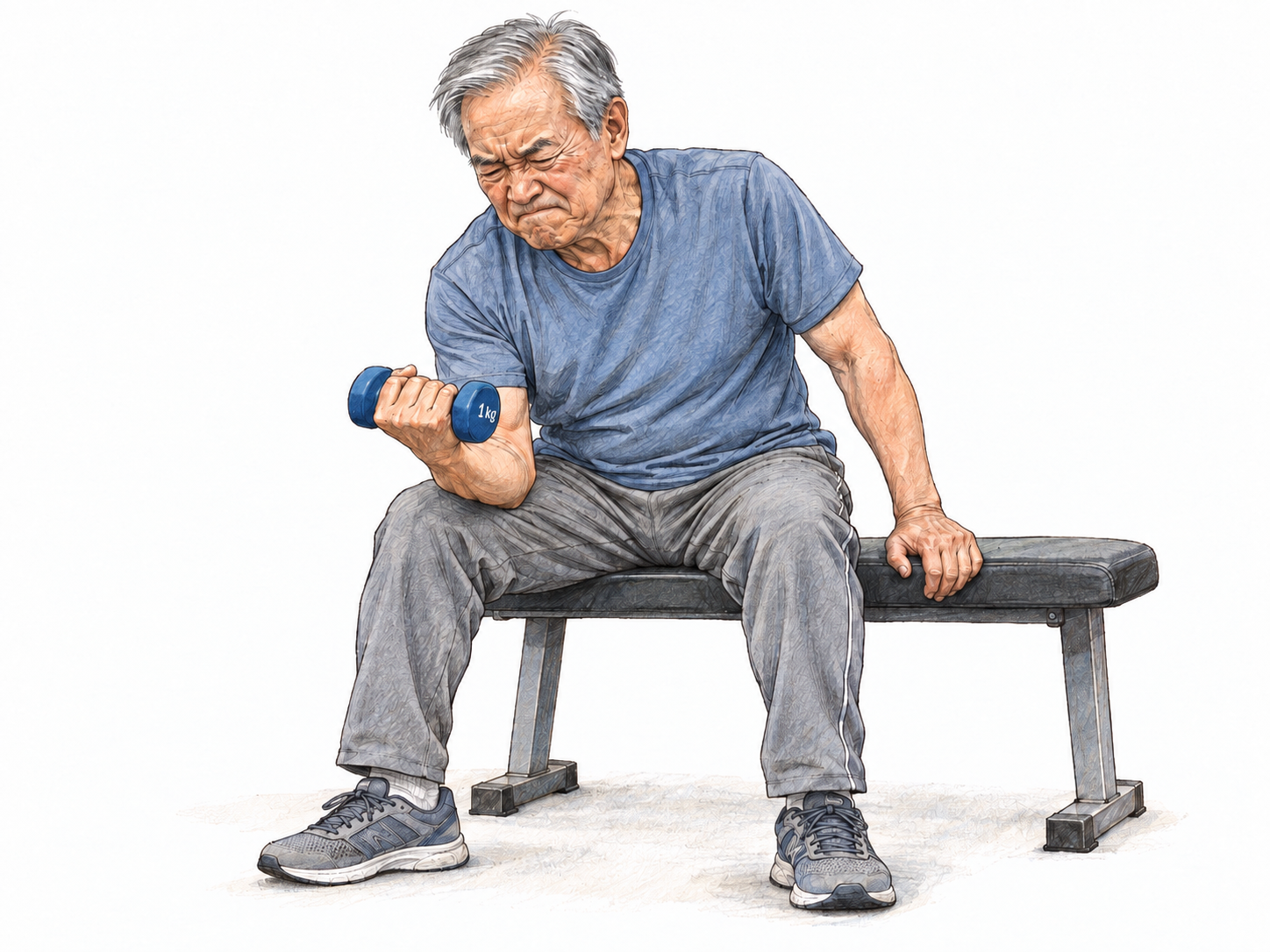 An older man struggles to lift a very light dumbbell, making his lack of physical strength visible through disproportionate effort.