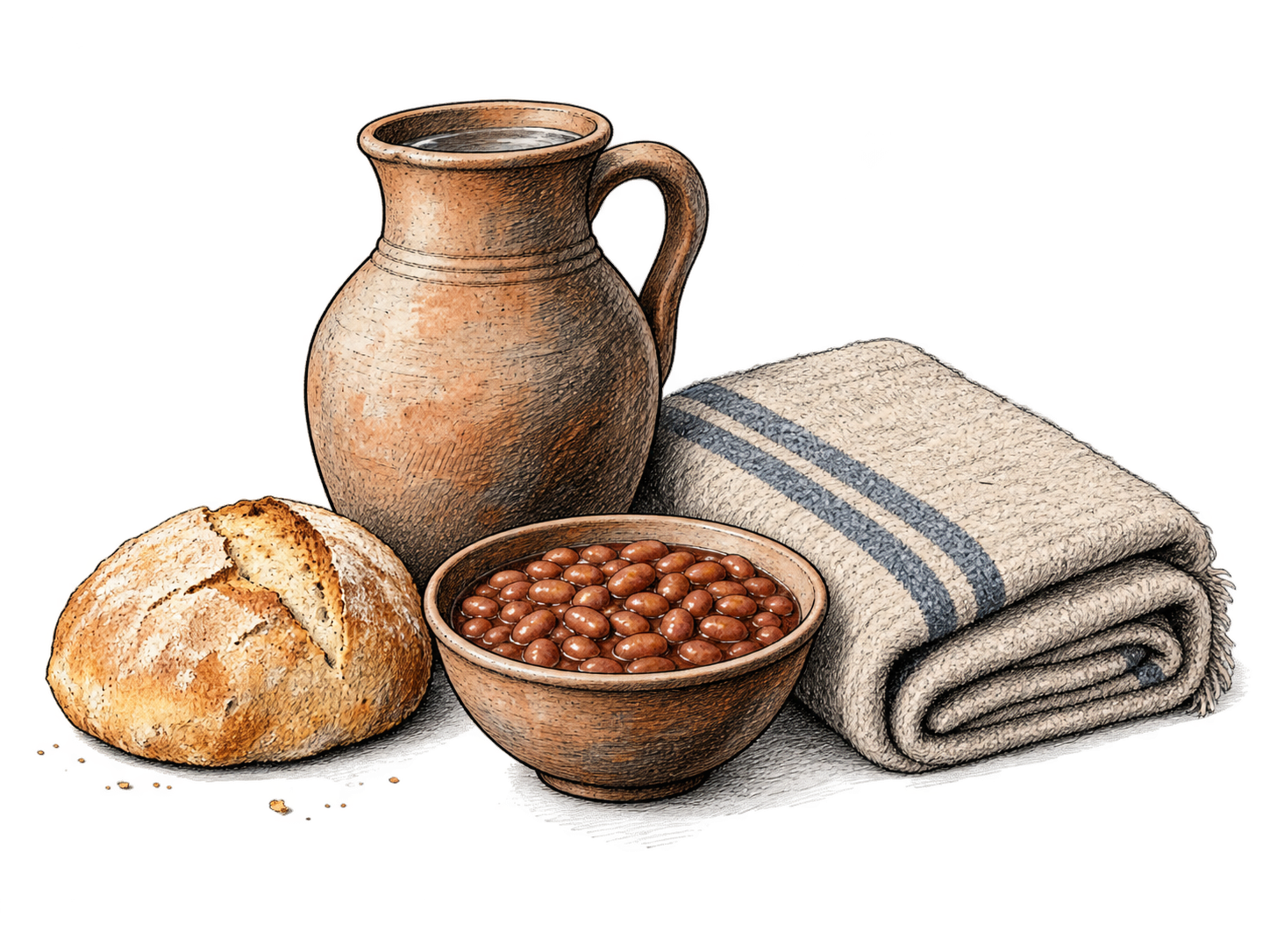 Bare subsistence provisions: one small loaf, bowl of beans, water jug, folded simple blanket together on white; minimal basic life support, no feast or decorative abundance.