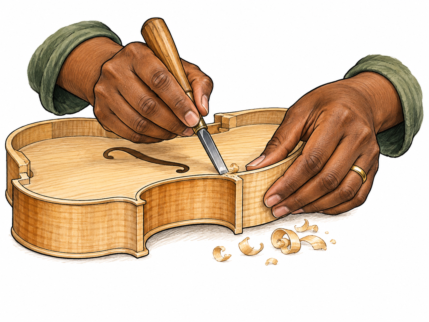 Close-up expert adult hands skillfully join delicate violin wood pieces with precision tools, specialized craftsmanship, no text.