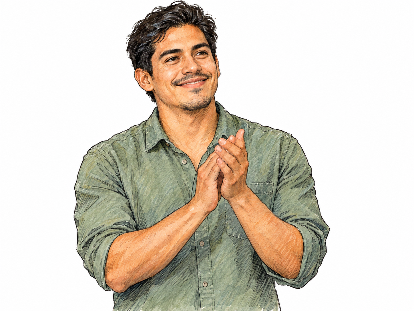 A young adult Latino man smiles appreciatively while clapping, with both hands clearly meeting in front of his chest.