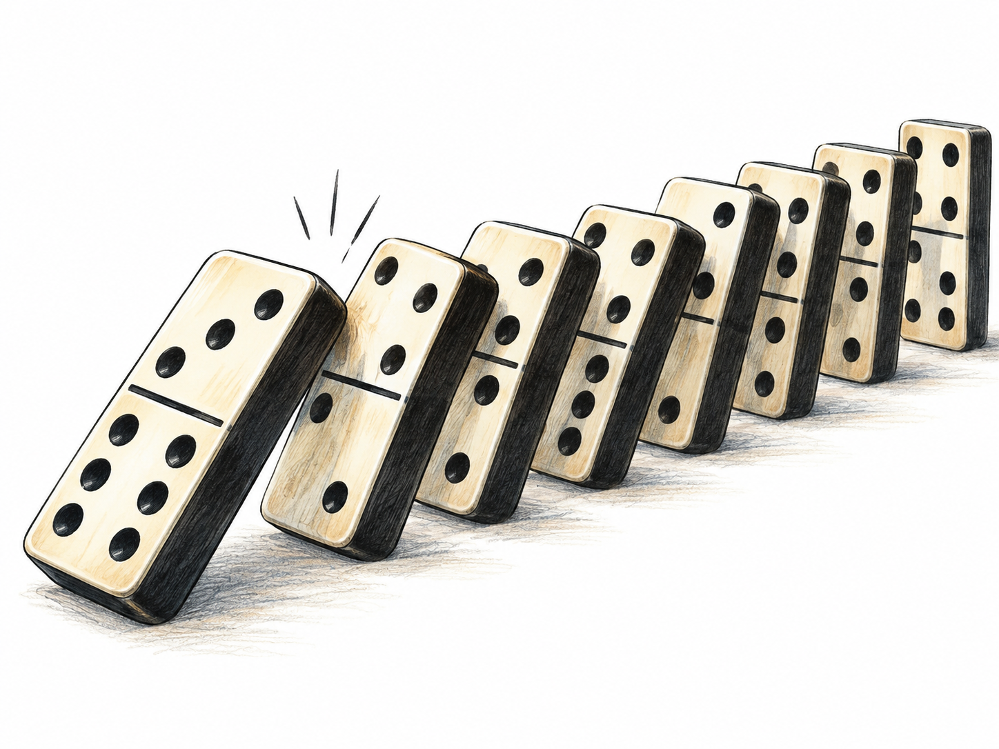 A single unstable domino tips into a waiting row and suddenly triggers a cascade of falling dominoes; first initiating impact clear, realistic ivory-and-black dominoes, no arrows or words.