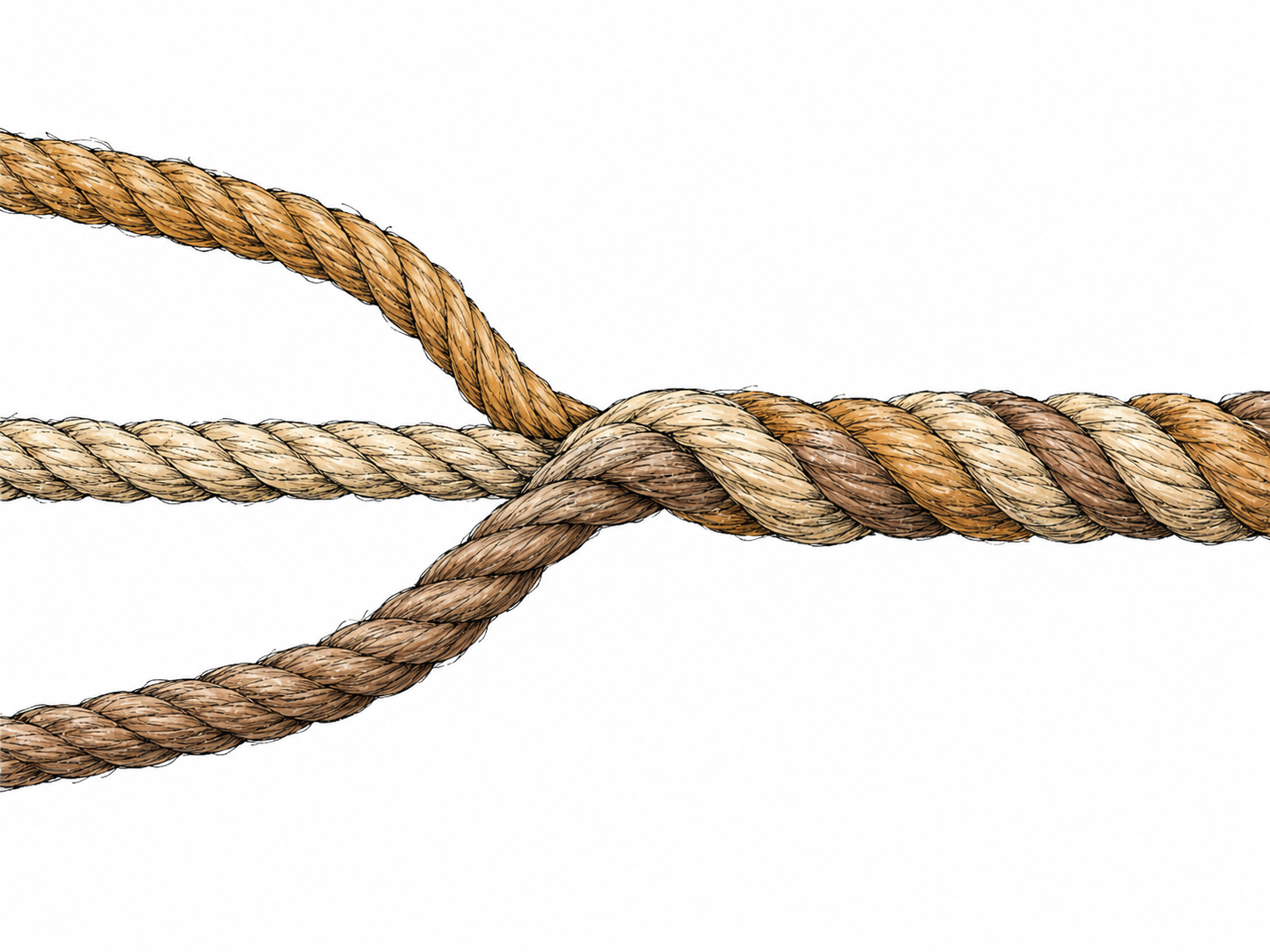Several separate thin cords converge into one tightly twisted, substantially thicker rope, showing separate parts combined into a stronger whole.