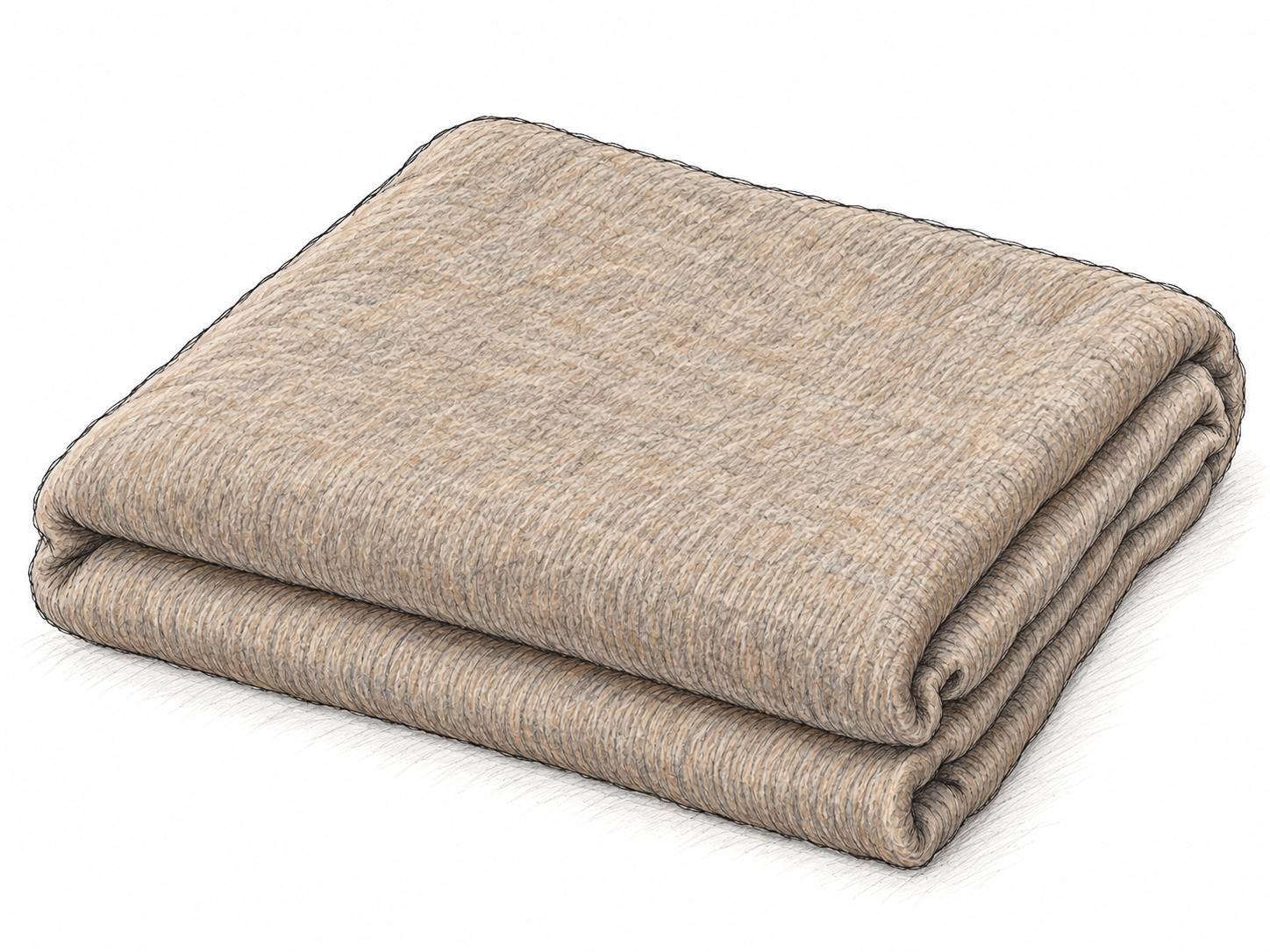 A single neatly folded beige wool blanket, its broad visible surface clearly light brownish gray against white.