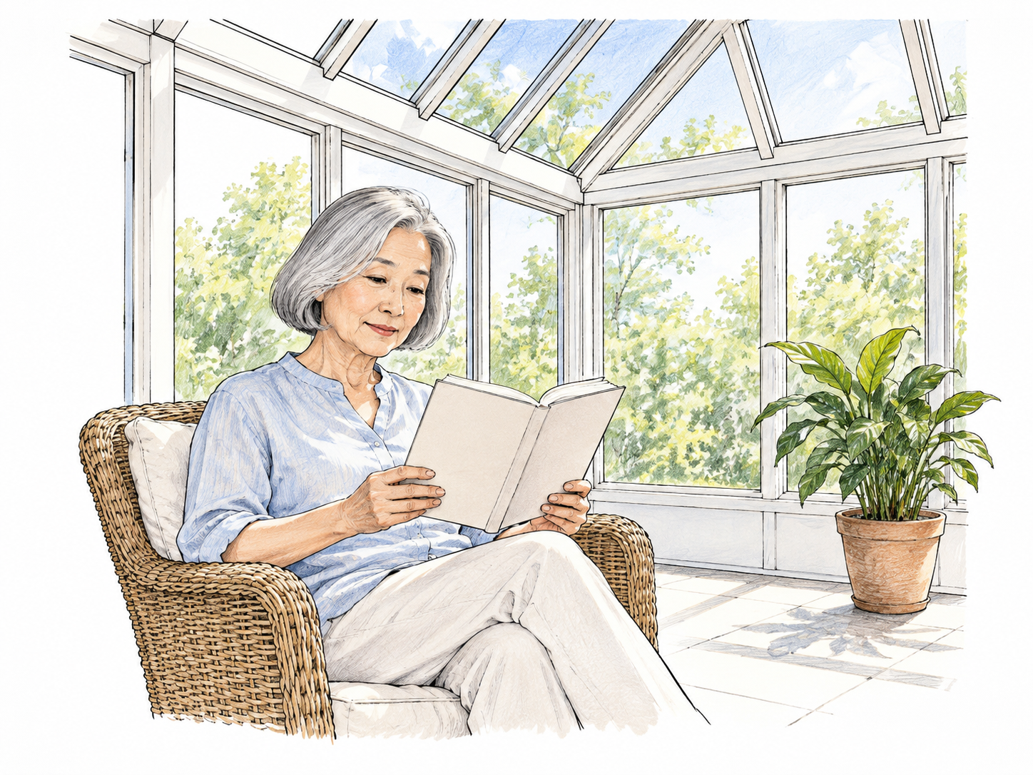 Woman reads blank-covered book in bright glass-walled sunroom with angled roof windows and one potted plant, pared-back structural frame, abundant white space.