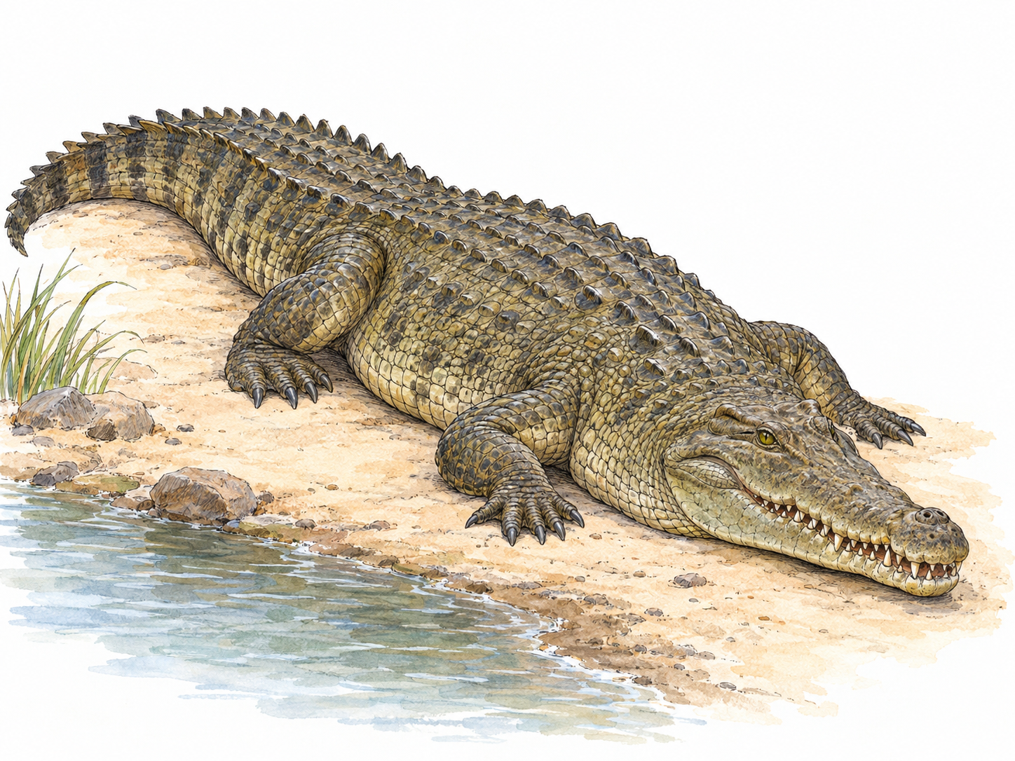 A single adult crocodile resting on a sparse riverbank, its full armored body, long muscular tail, short legs, and powerful elongated jaws clearly visible.