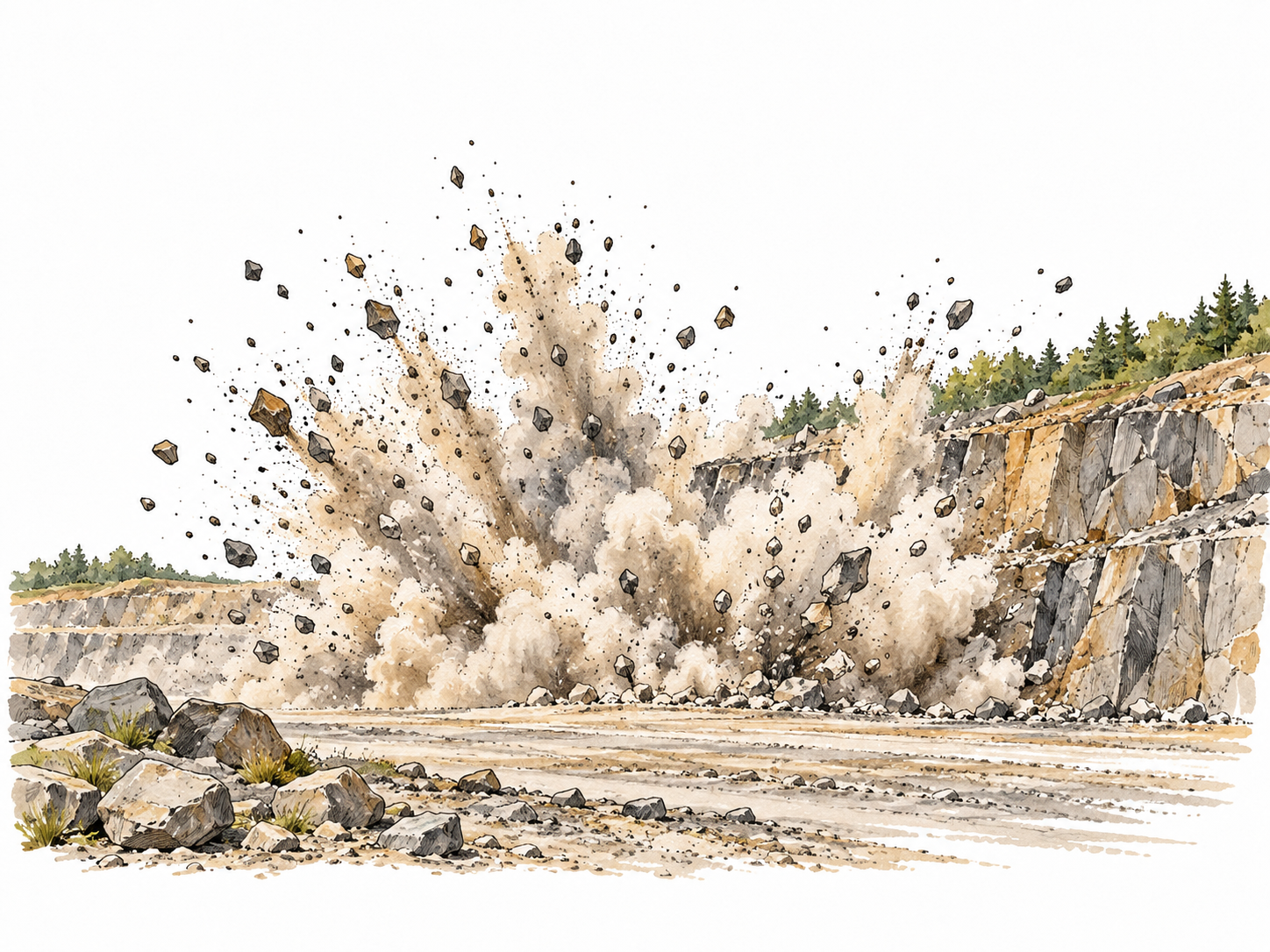 A distant controlled rock-quarry blast throws dust and small stones outward, no people nearby.