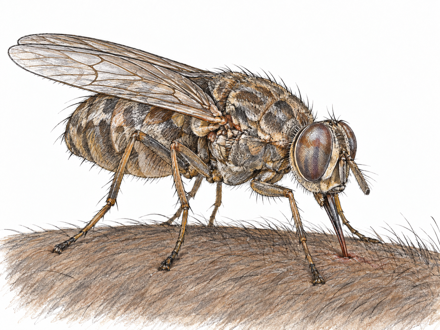 An enlarged, anatomically recognizable tsetse fly feeding on a small patch of African buffalo hide, with its forward-projecting piercing proboscis and overlapping wings clearly visible.