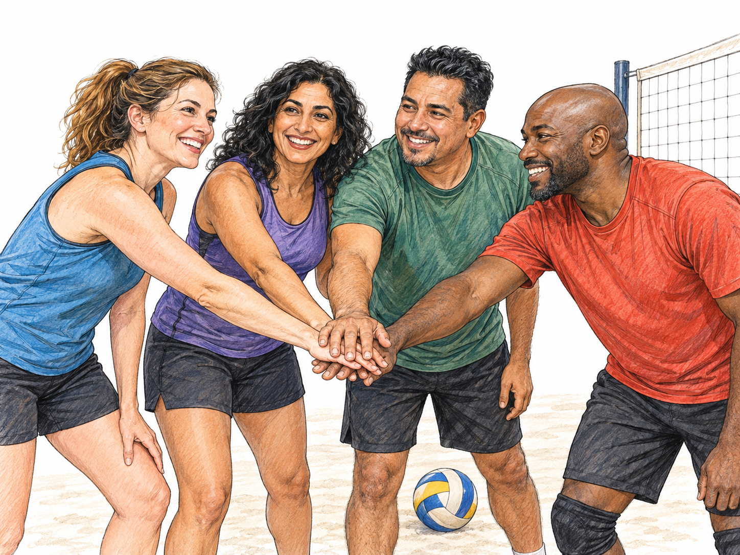 An upbeat recreational volleyball team gathers in a pre-game hands-in huddle, visibly confident and eager to play.