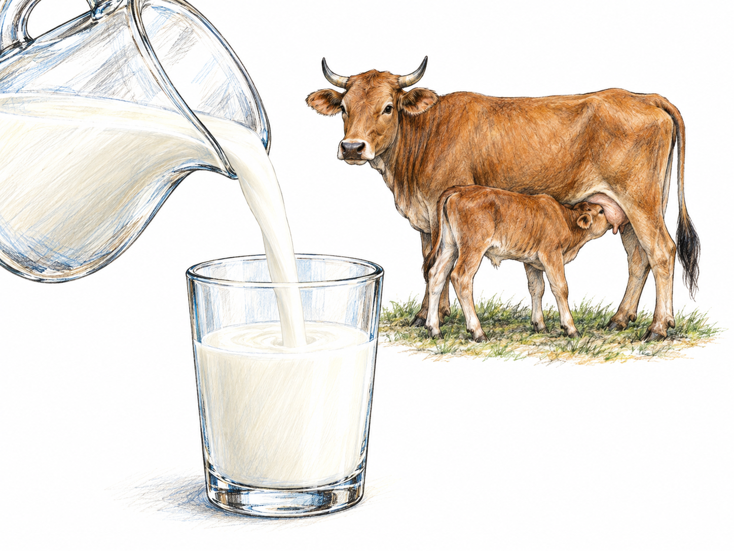 A clear glass jug pours a smooth opaque white stream of milk into a clear drinking glass in the foreground.