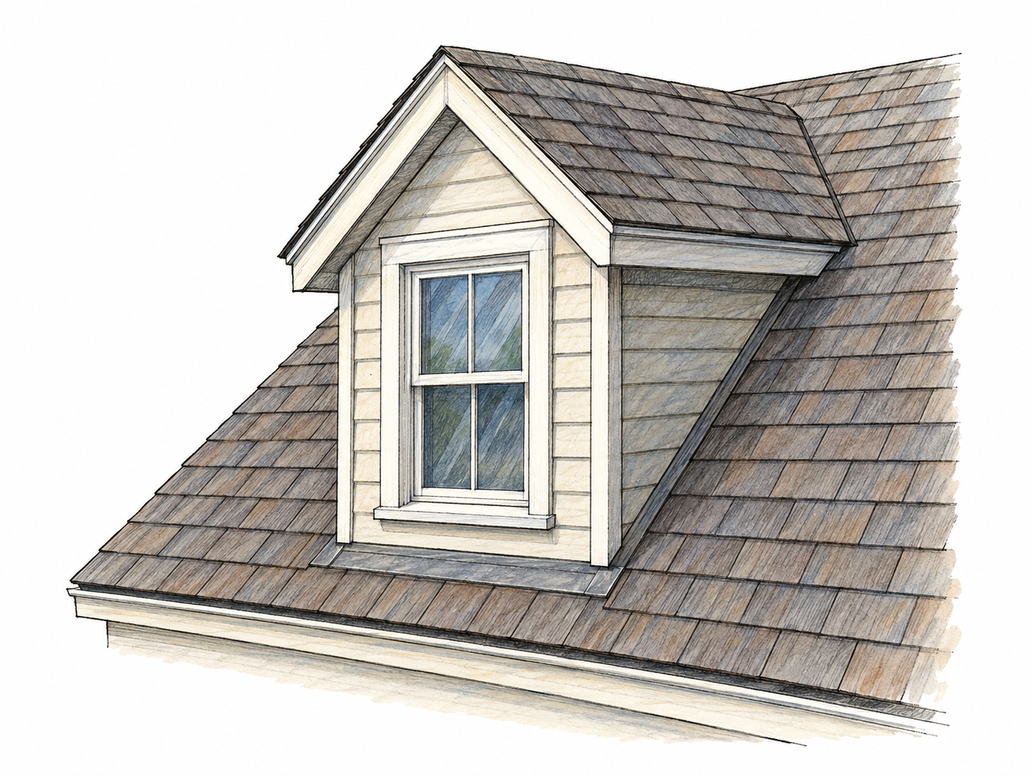 A close three-quarter view of a pitched house roof with one clearly projecting gabled dormer: an upright window, short side walls, and its own small roof emerging from the main roof slope.