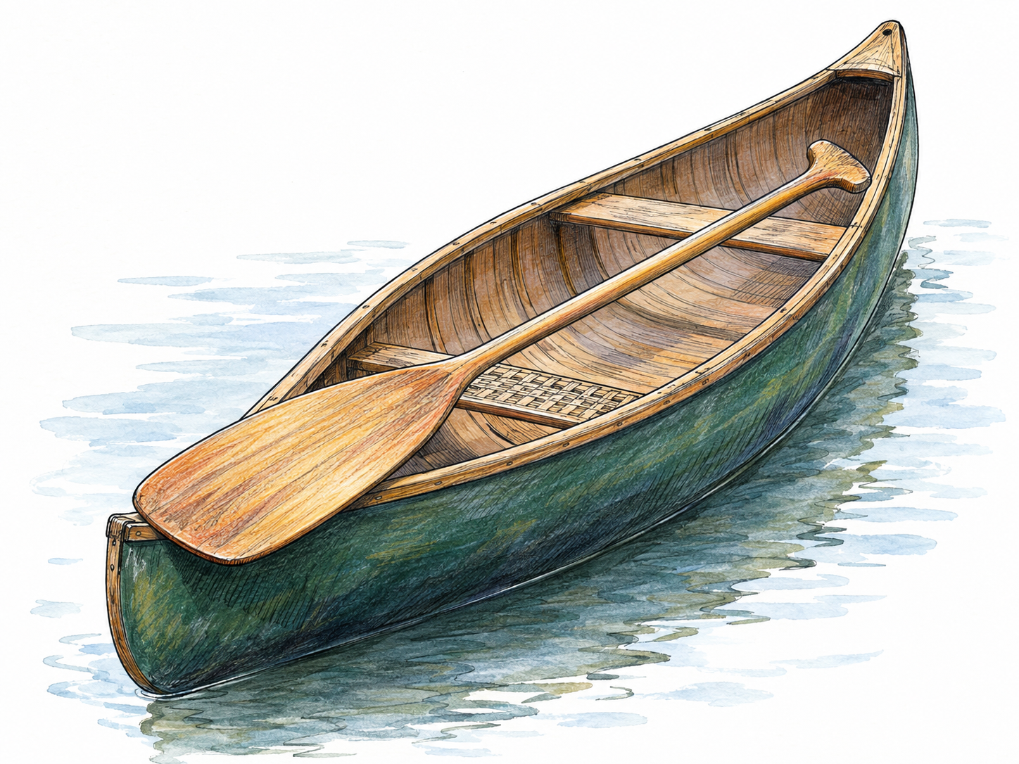 A short, single-bladed wooden paddle rests diagonally across the gunwales of a small canoe floating on a minimal patch of water.