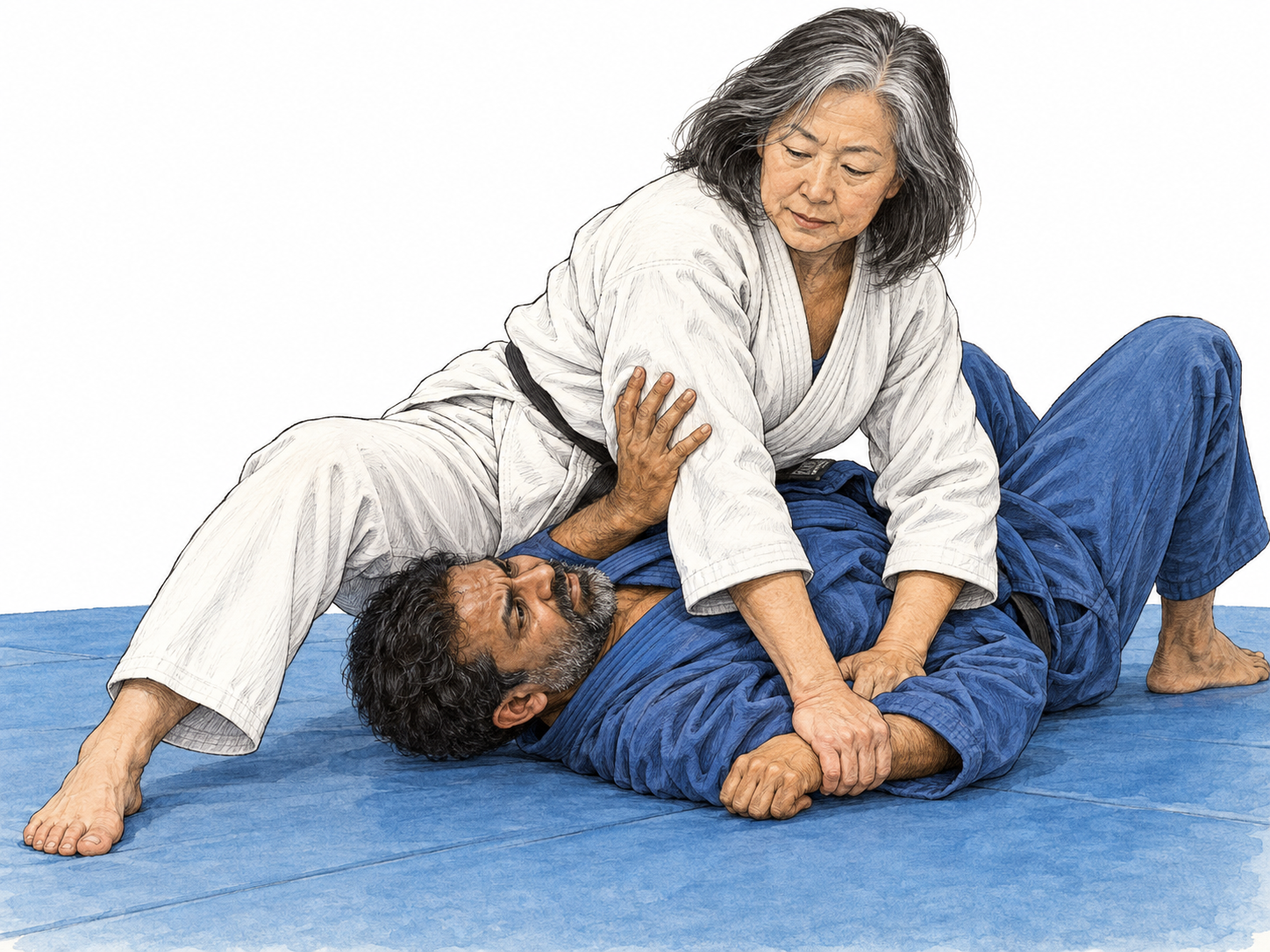 An experienced martial artist firmly pins a resisting opponent on a practice mat, visibly bringing his movement under control without injuring him.