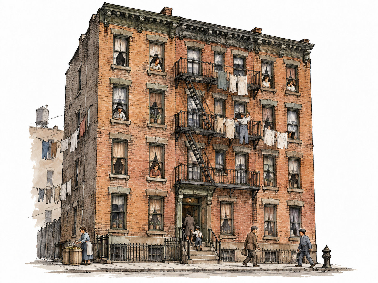 A historic crowded low-cost apartment building with closely spaced windows, clotheslines and ordinary residents.