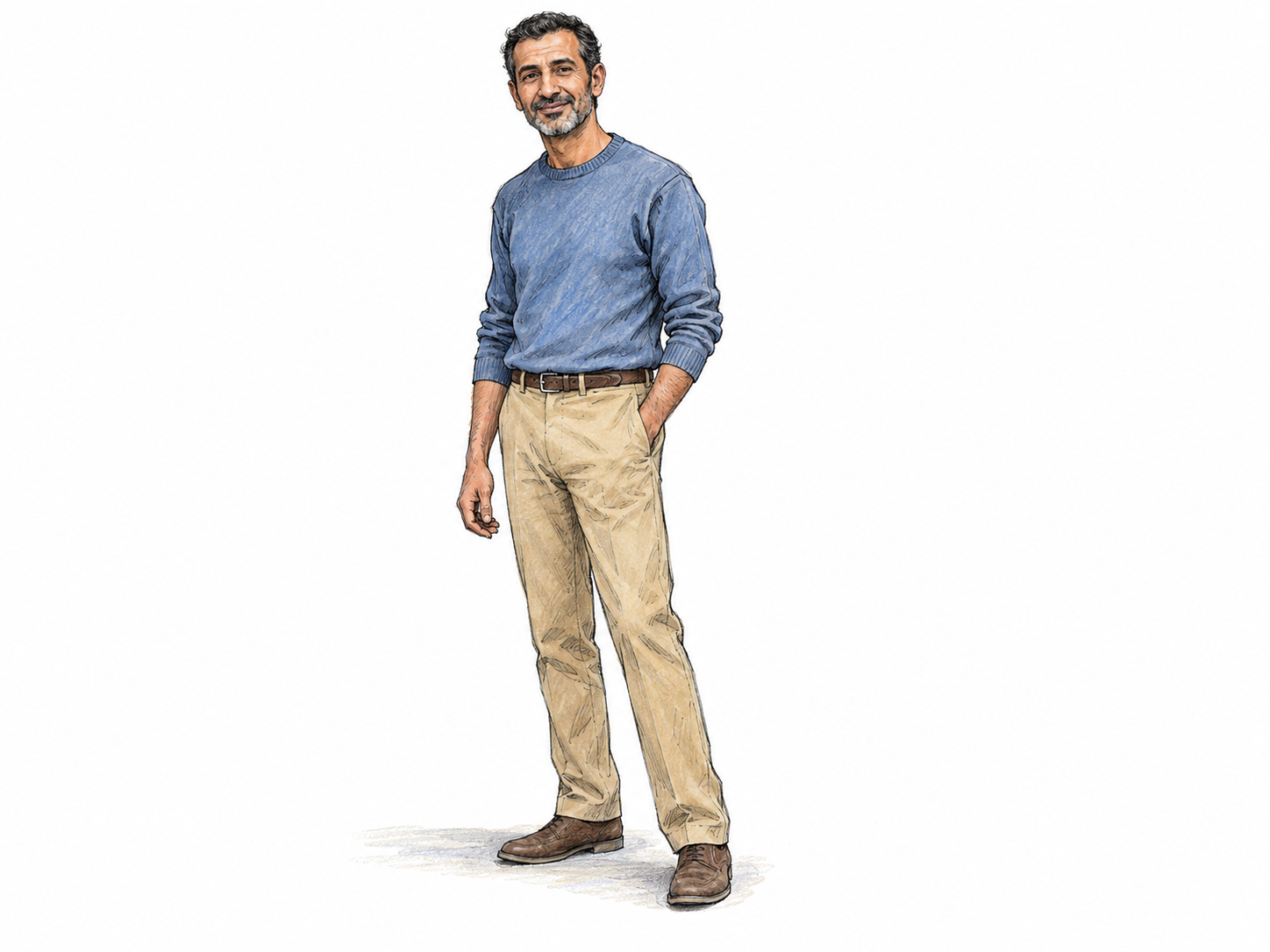 A slim middle-aged man stands in a relaxed, graceful pose, his naturally narrow frame clearly visible in well-fitting everyday clothes.