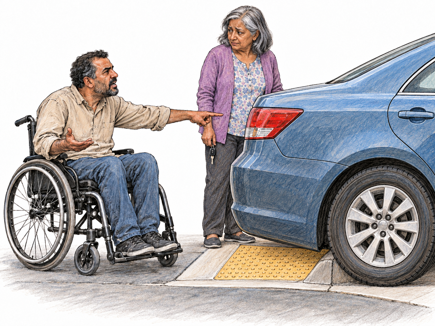 A wheelchair user raises a complaint directly to a driver whose parked car blocks the access ramp, pointing out the obstruction with an indignant expression.