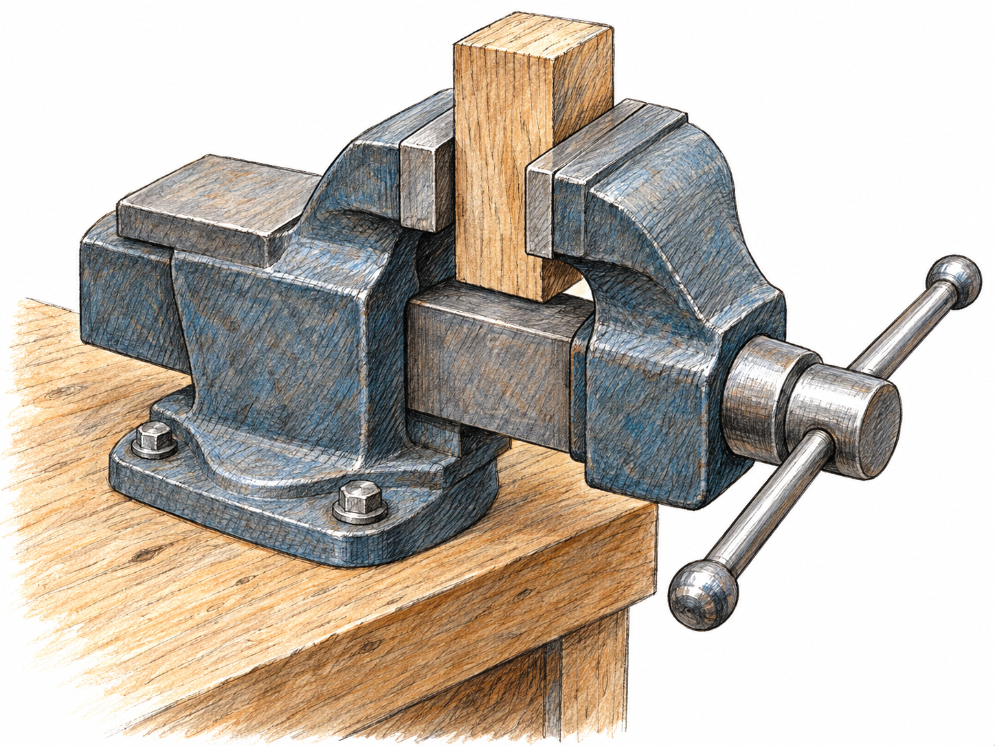A bench-mounted metal vise with its two opposing jaws tightly gripping a short wooden block; the screw mechanism and sliding handle are clearly visible.