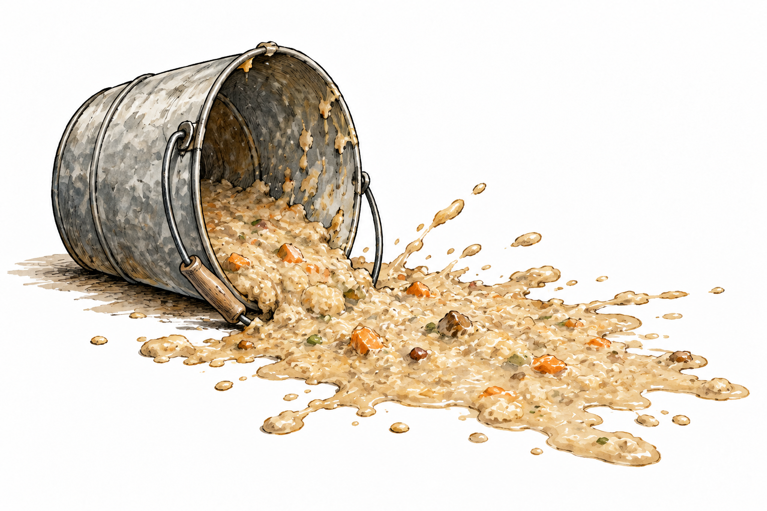 Messy spilled liquid porridge splashes from bucket onto floor.