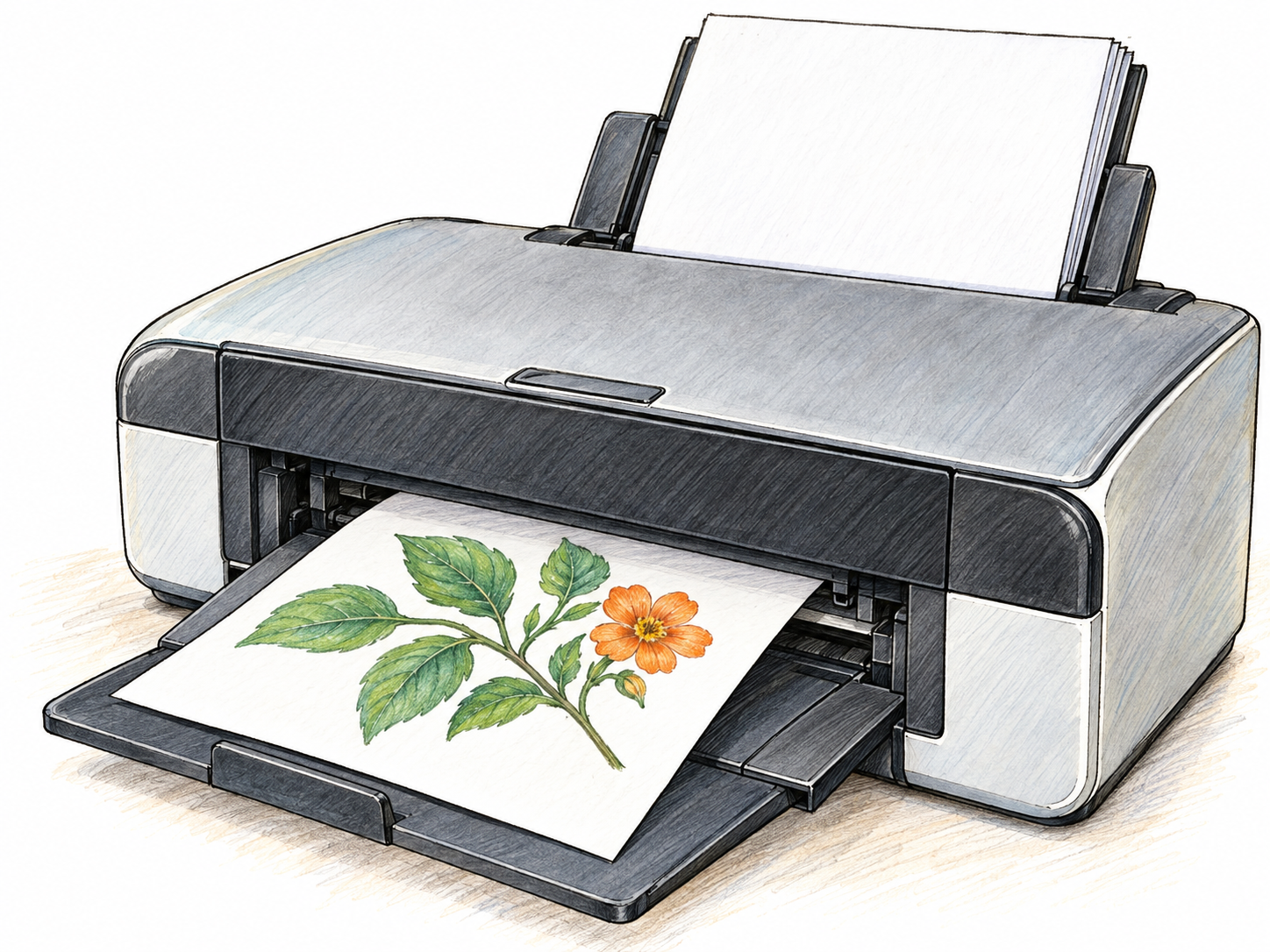 A desktop printer actively feeds out a sheet bearing a simple colored botanical image, with blank paper visible in its input tray.