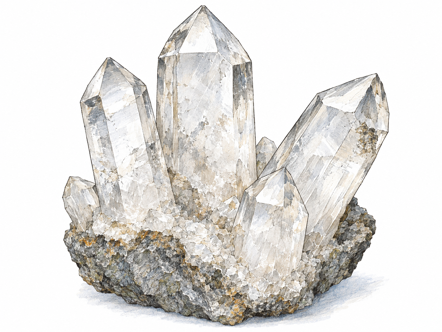 A natural rock-crystal quartz cluster growing from a small piece of rough host rock, with recognizable hexagonal prisms and pointed terminations.