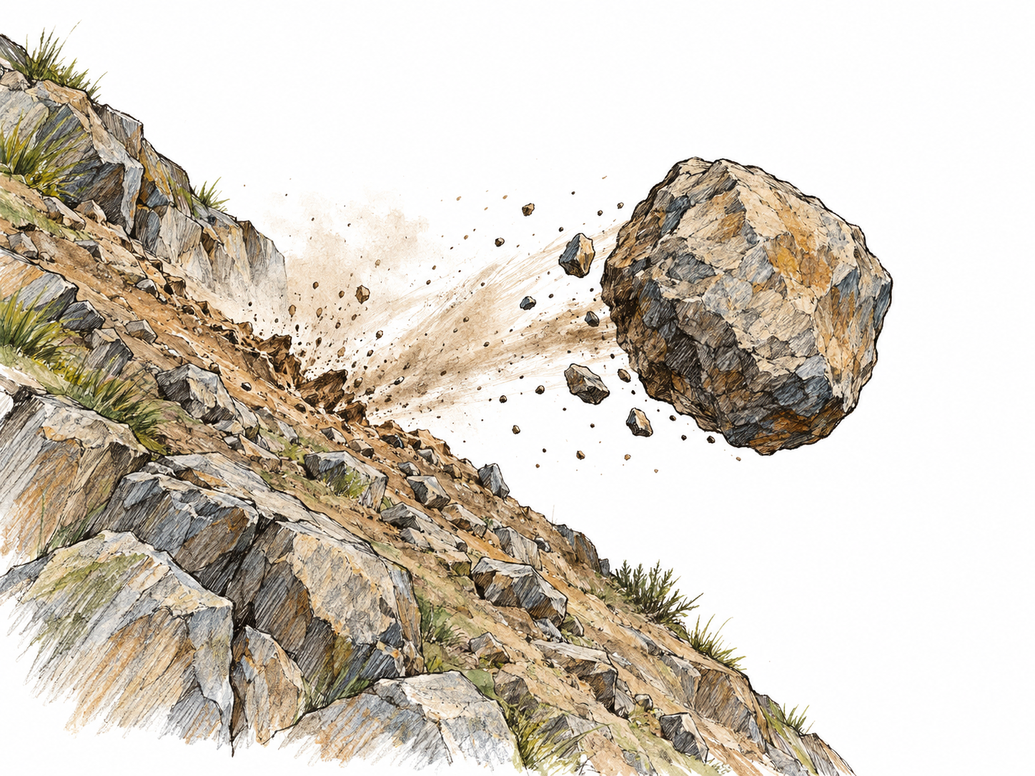 A large boulder hurtles down a steep rocky slope, briefly airborne above a fresh impact mark, with small stone chips and a short dust trail showing fast, forceful, uncontrolled movement.
