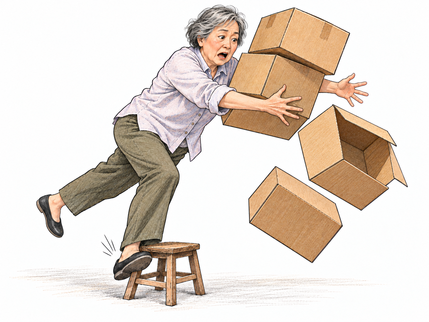 An awkward adult carrying an oversized stack of empty cardboard boxes trips over a low stool; the boxes tumble as she tries unsuccessfully to catch them.