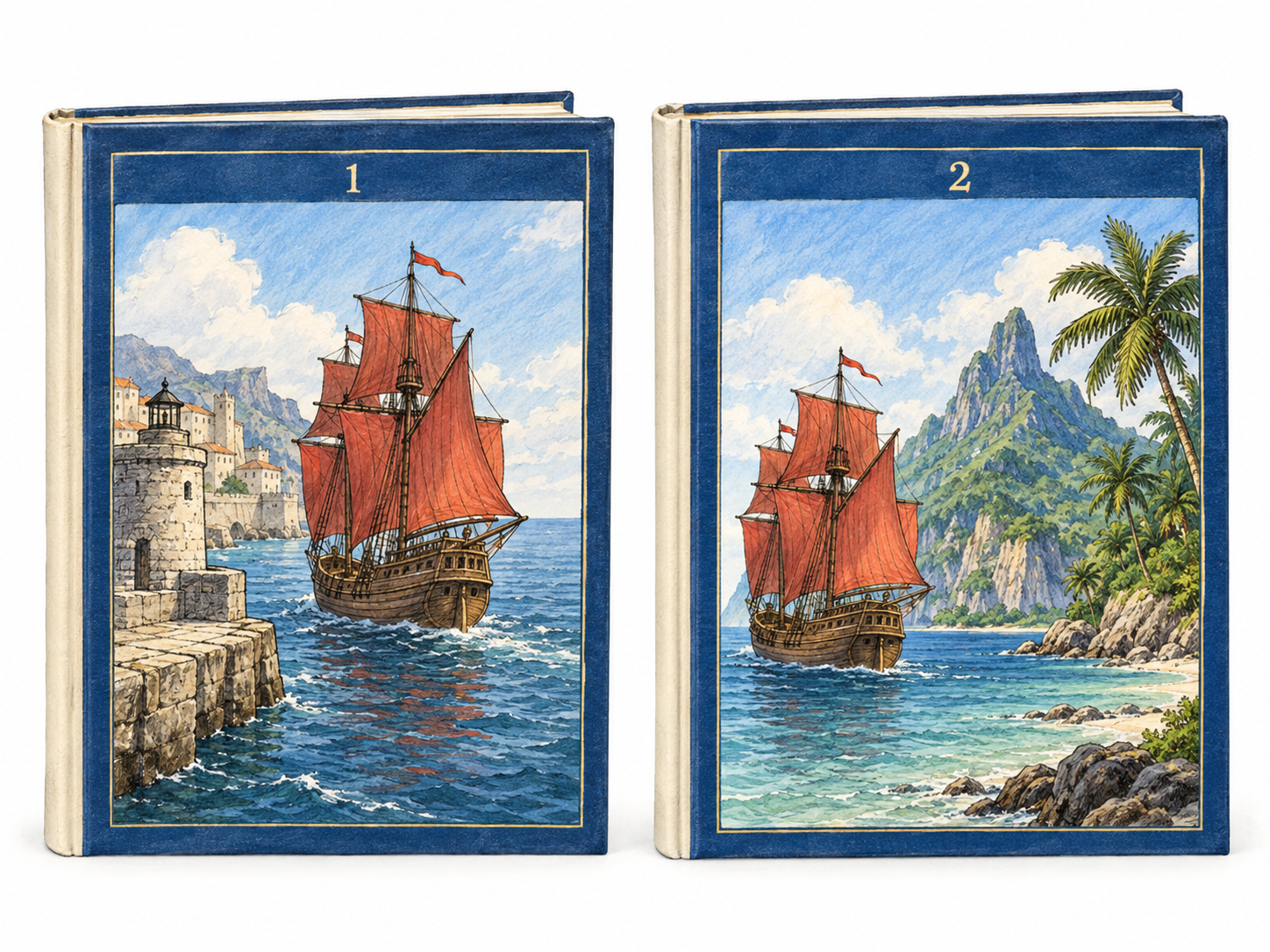 Two matching adventure-story books marked 1 and 2: the first cover shows a distinctive red-sailed ship leaving a harbor, and the second shows that same ship reaching an island, visibly continuing the adventure.