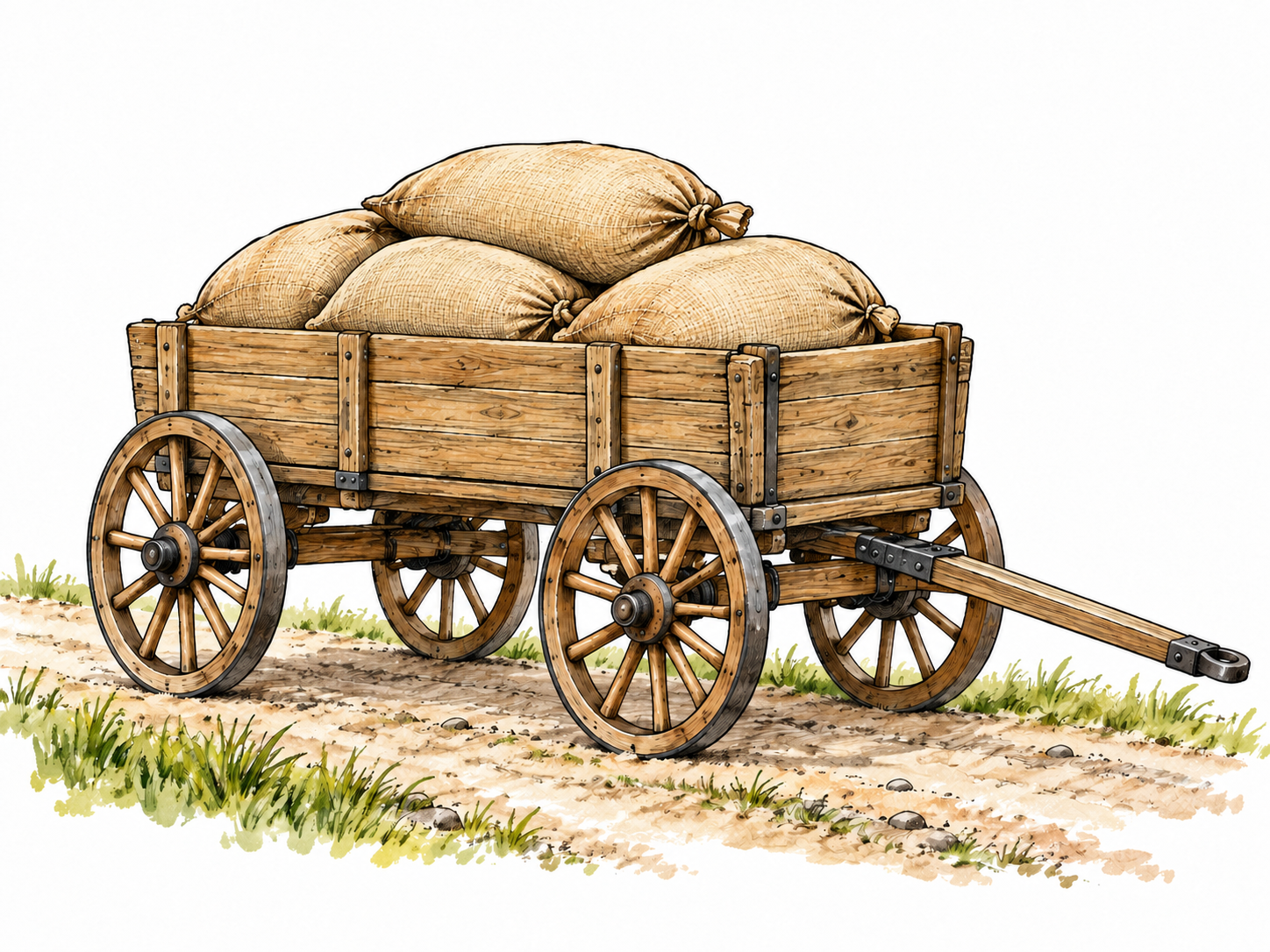 A sturdy four-wheeled wooden wagon carrying sacks on a quiet rural path, full wheels and axle relationships visible, no people or decorative labels.