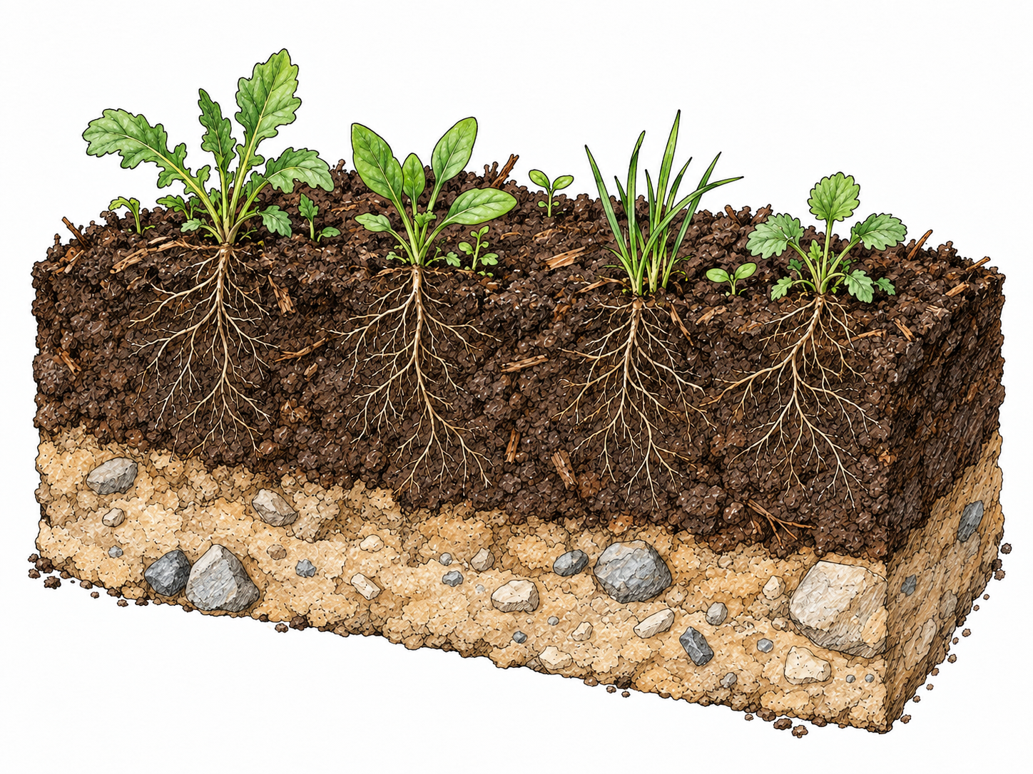 A small cutaway patch of earth shows green plants rooted in a dark, crumbly top layer, above paler compact ground and stones.