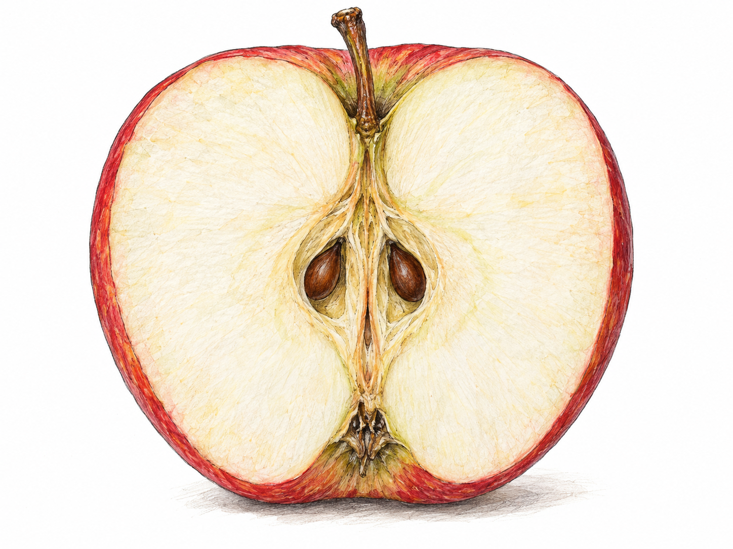 A freshly halved apple exposes its central fibrous core and seed chambers, making the innermost part immediately visible.