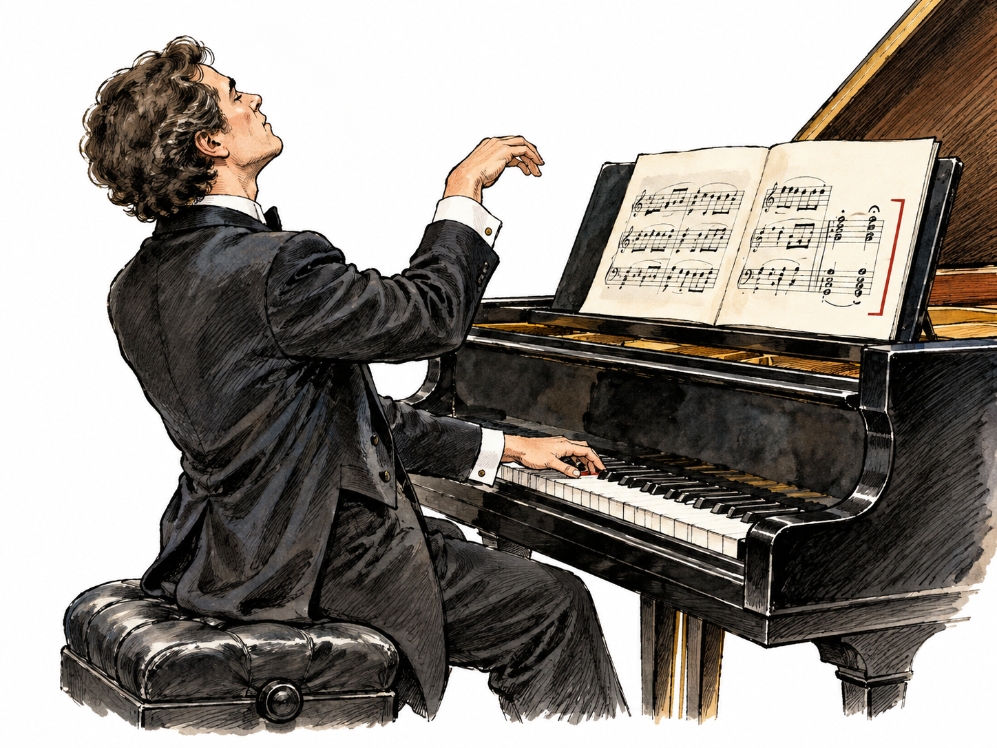 Pianist plays final concluding bars of a score, last short passage visually bracketed.