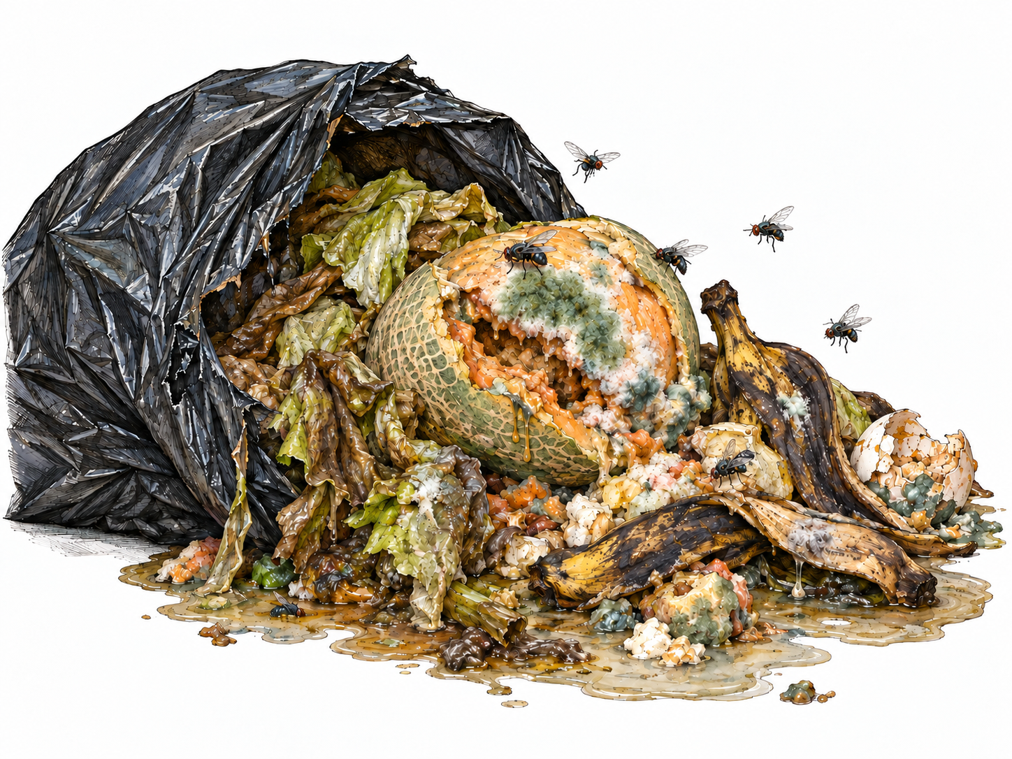 A revolting heap of spoiled food spilling from a split garbage bag: fuzzy mold, collapsing fruit, leaking slime, and flies make the extreme unpleasantness immediately visible.
